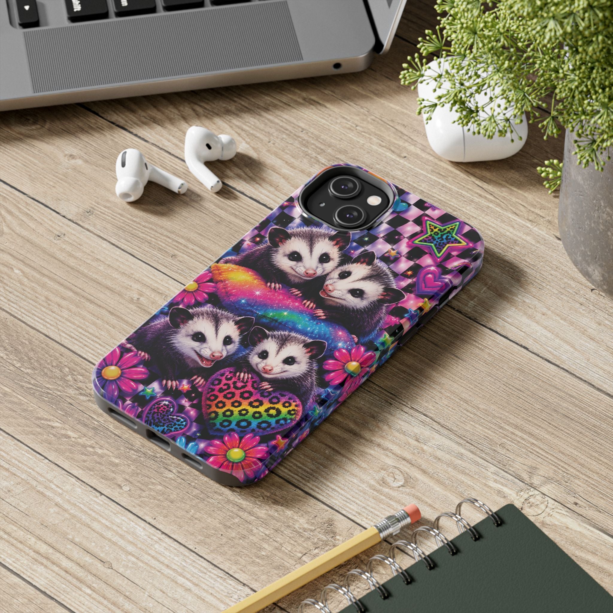 Cute 90's Retro Opossums Phone Case | Neon Flowers, Checkerboard Design Iphone Samsung Phone Case