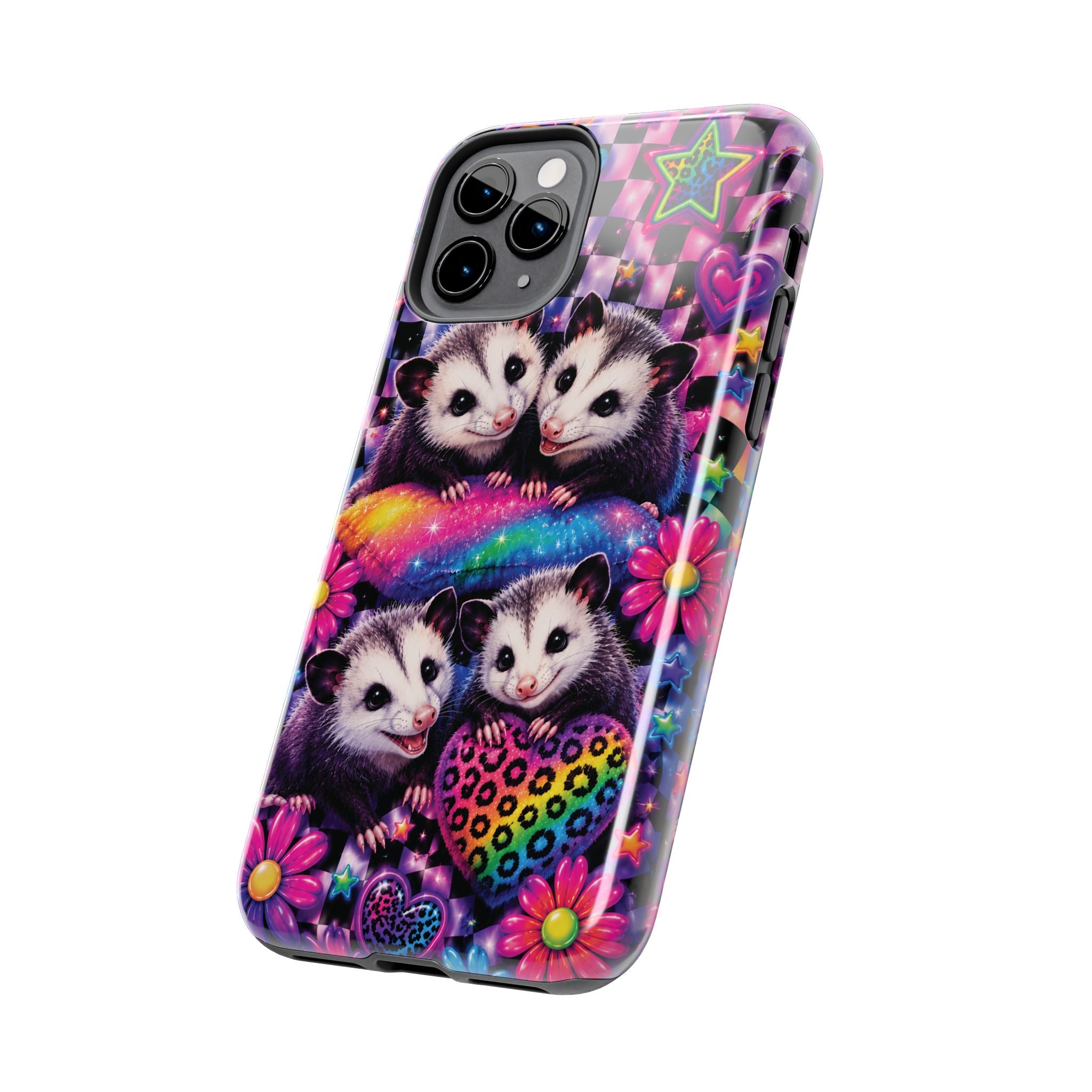 Cute 90's Retro Opossums Phone Case | Neon Flowers, Checkerboard Design Iphone Samsung Phone Case