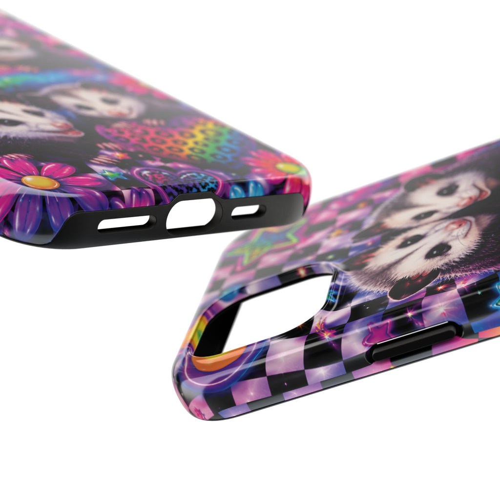 Cute 90's Retro Opossums Phone Case | Neon Flowers, Checkerboard Design Iphone Samsung Phone Case