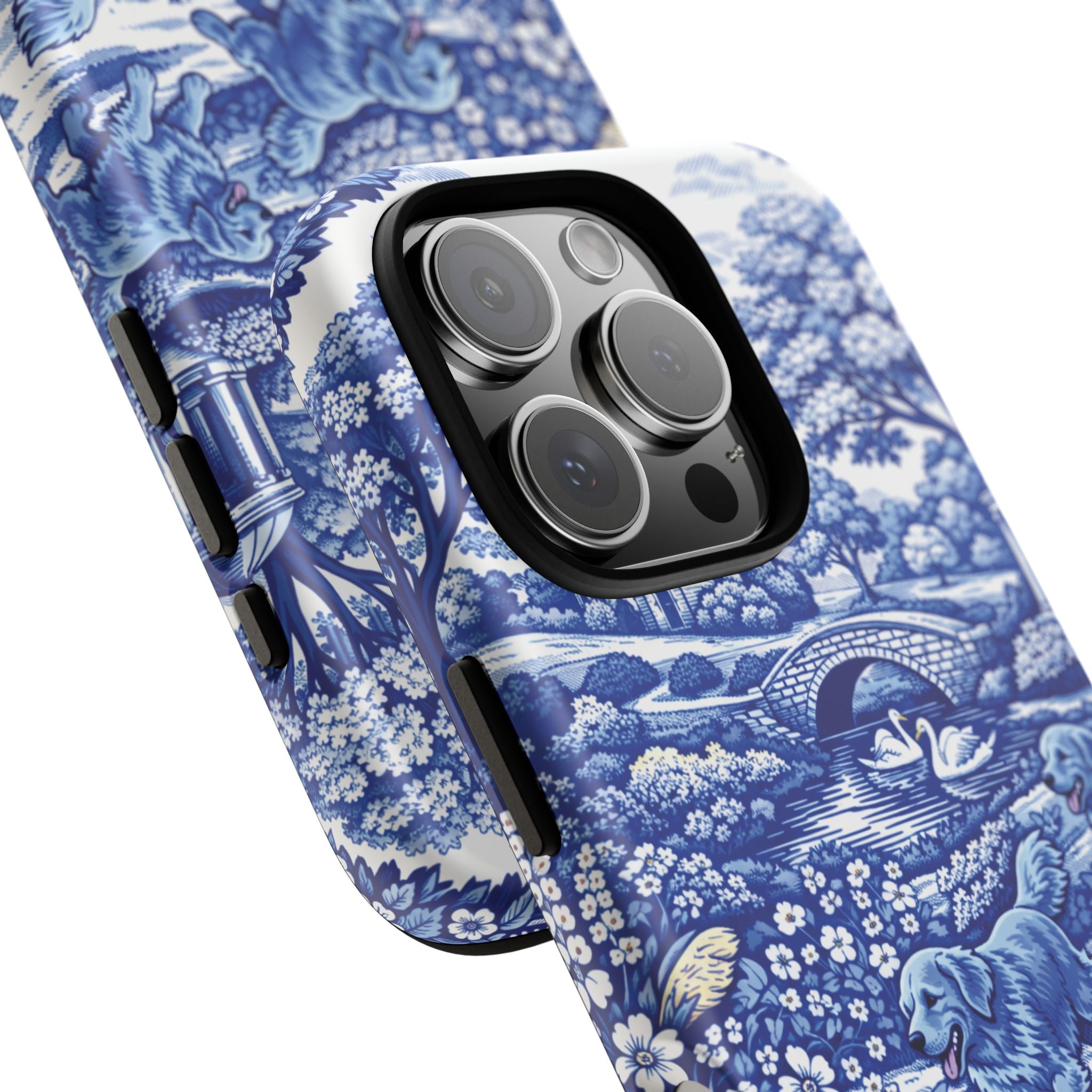 Golden Retriever Tough Phone Case, Chinoiserie Blue Dog Pattern, French Toile Aesthetic