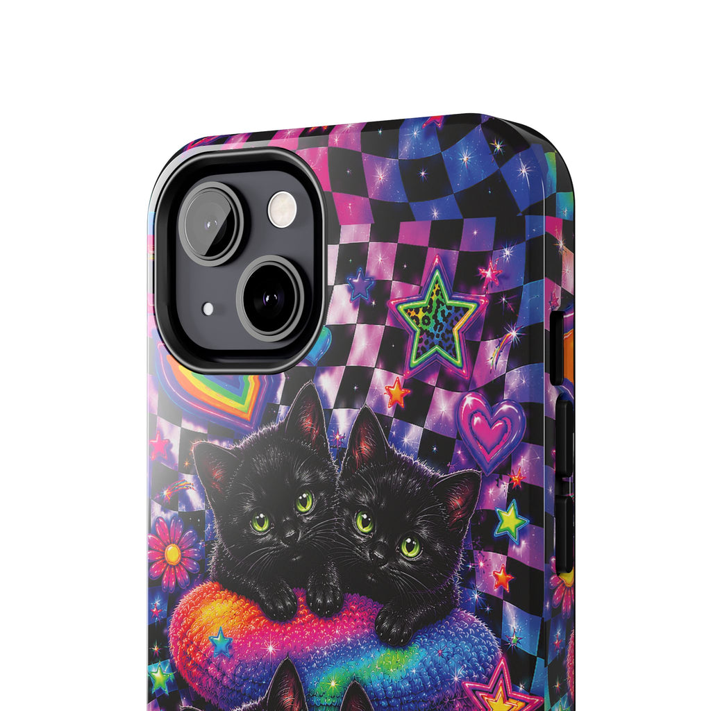 Cute 90's Retro Black Cats Phone Case | Neon Flowers, Checkerboard Design Iphone Samsung Phone Case