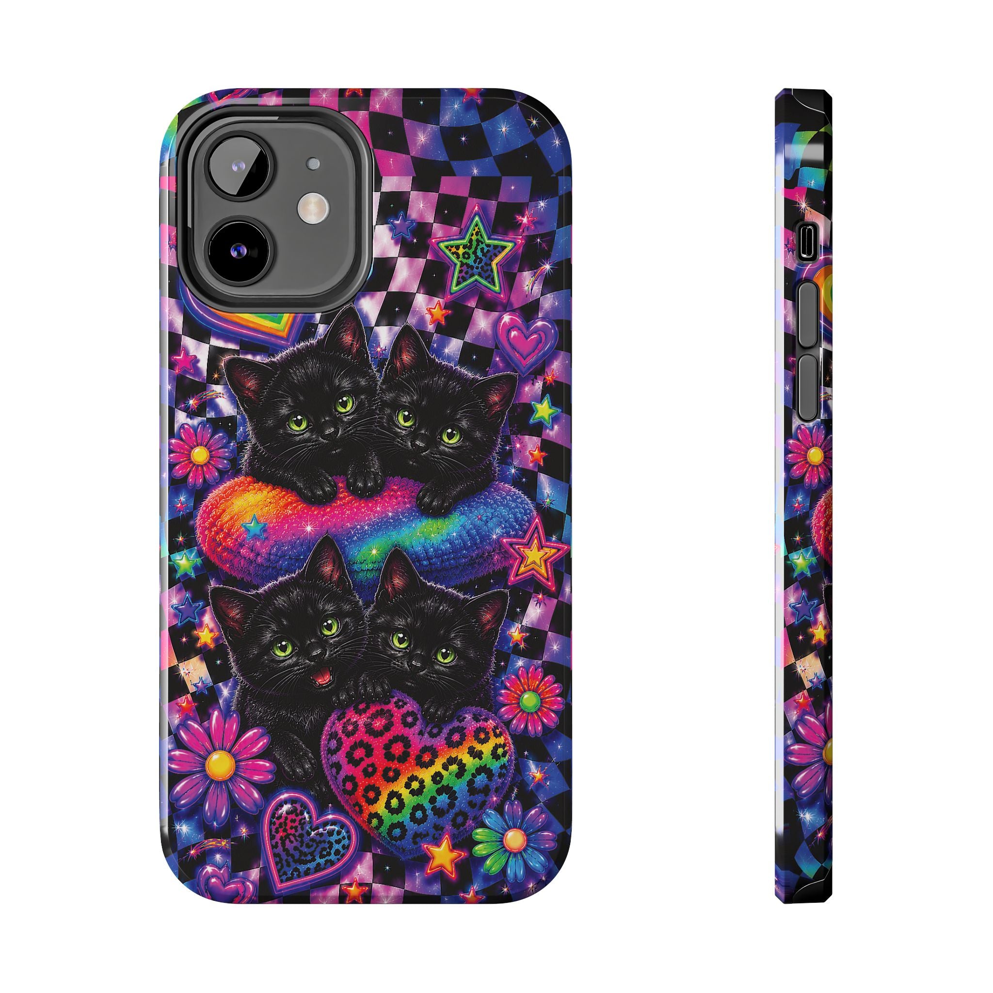 Cute 90's Retro Black Cats Phone Case | Neon Flowers, Checkerboard Design Iphone Samsung Phone Case