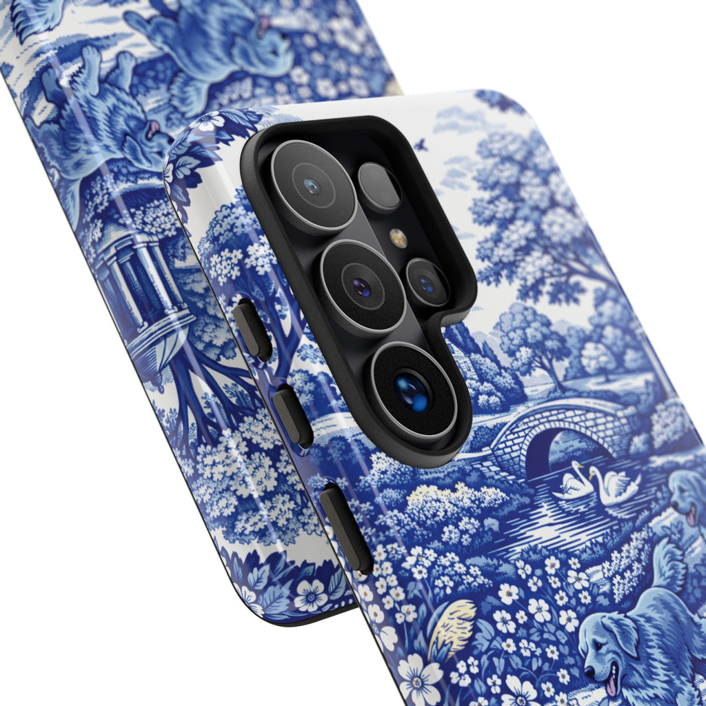 Golden Retriever Tough Phone Case, Chinoiserie Blue Dog Pattern, French Toile Aesthetic