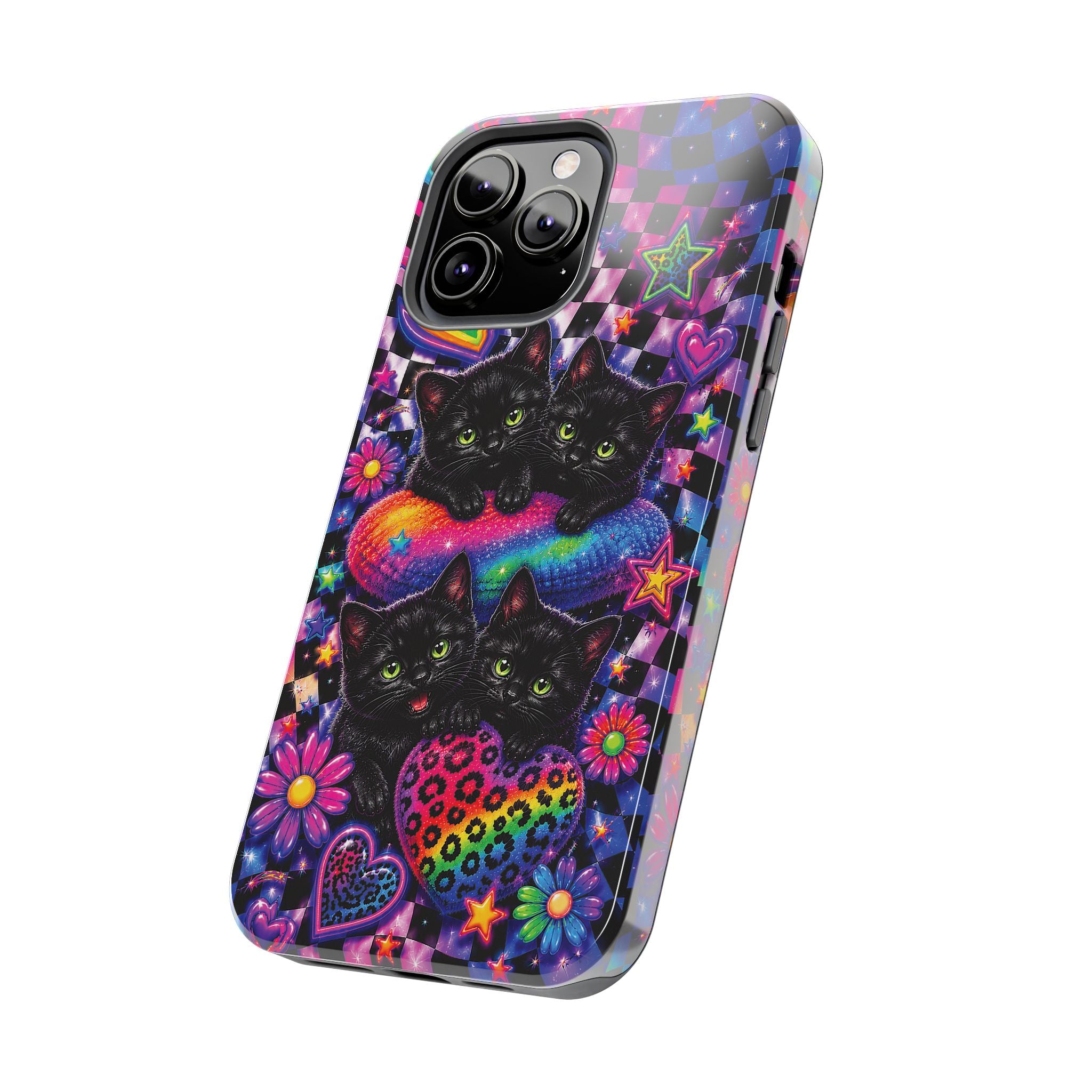 Cute 90's Retro Black Cats Phone Case | Neon Flowers, Checkerboard Design Iphone Samsung Phone Case