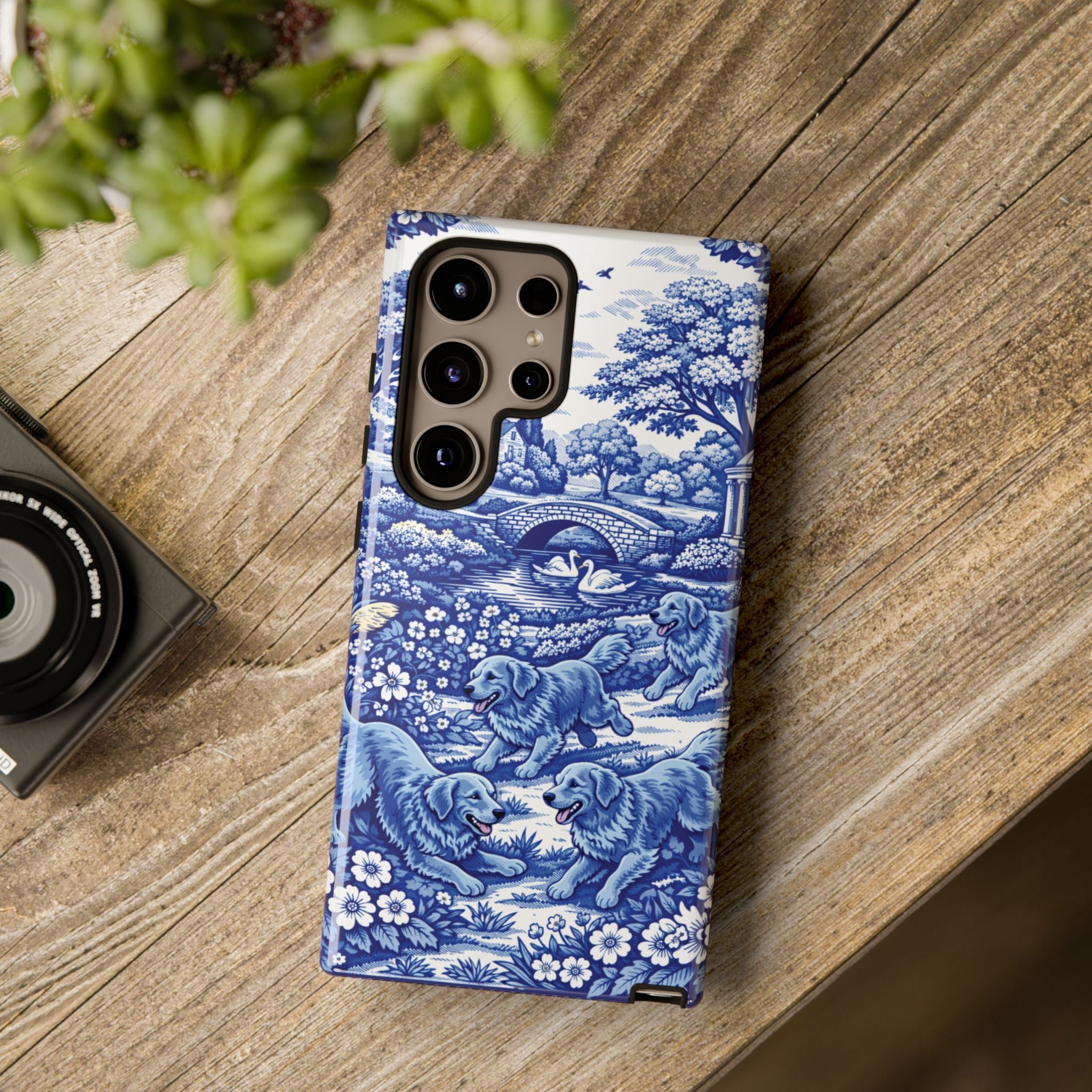 Golden Retriever Tough Phone Case, Chinoiserie Blue Dog Pattern, French Toile Aesthetic