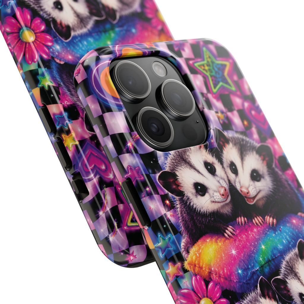 Cute 90's Retro Opossums Phone Case | Neon Flowers, Checkerboard Design Iphone Samsung Phone Case