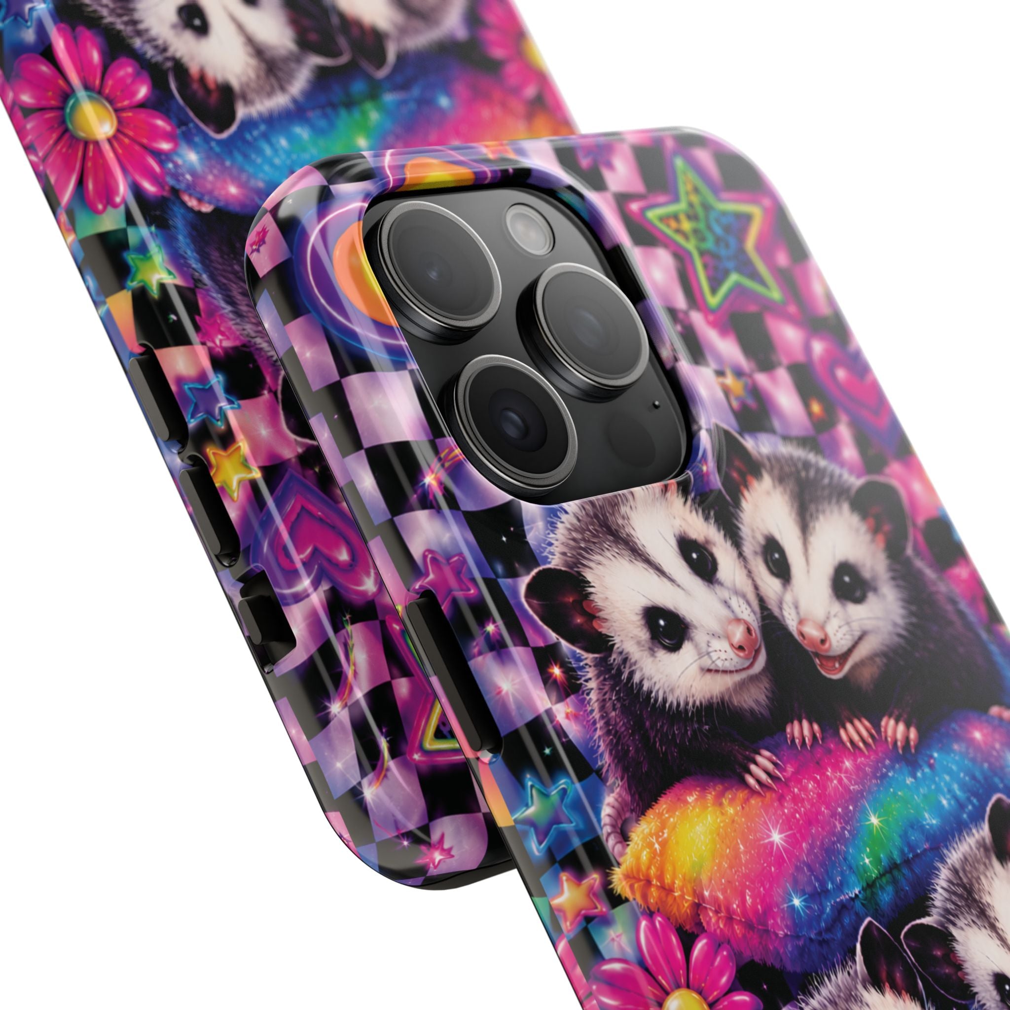 Cute 90's Retro Opossums Phone Case | Neon Flowers, Checkerboard Design Iphone Samsung Phone Case