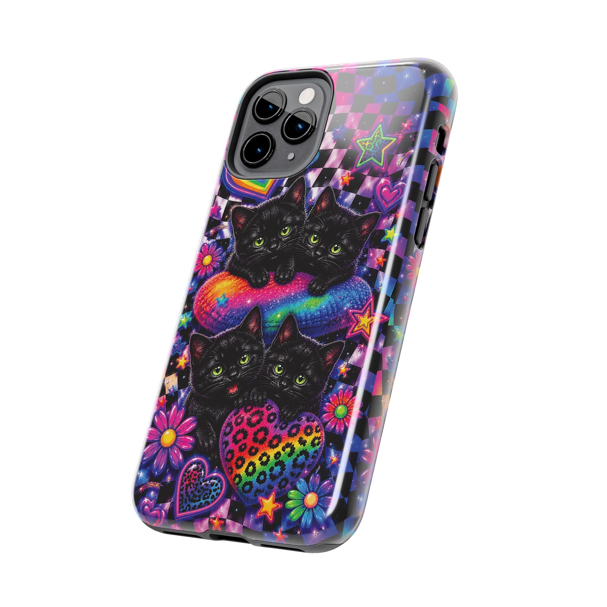 Cute 90's Retro Black Cats Phone Case | Neon Flowers, Checkerboard Design Iphone Samsung Phone Case