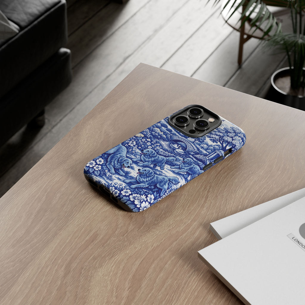 Golden Retriever Tough Phone Case, Chinoiserie Blue Dog Pattern, French Toile Aesthetic