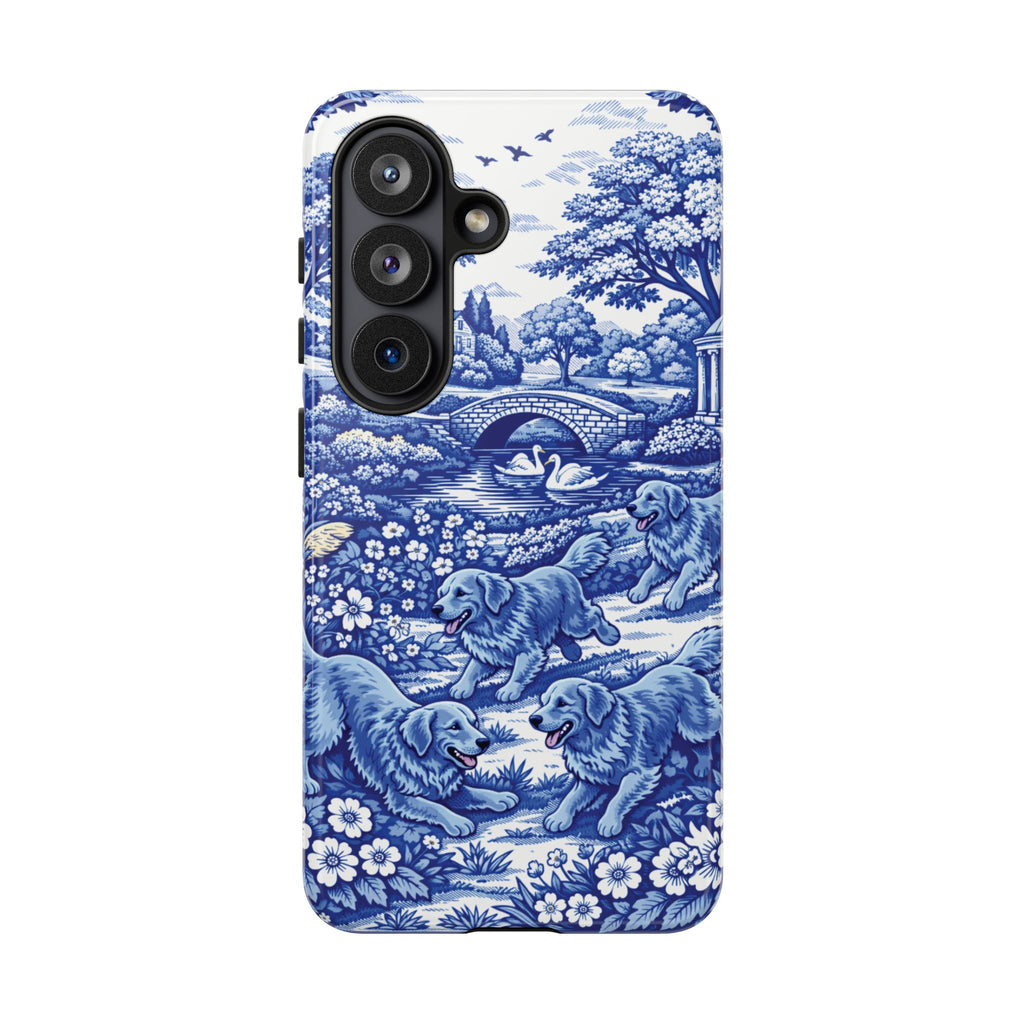 Golden Retriever Tough Phone Case, Chinoiserie Blue Dog Pattern, French Toile Aesthetic