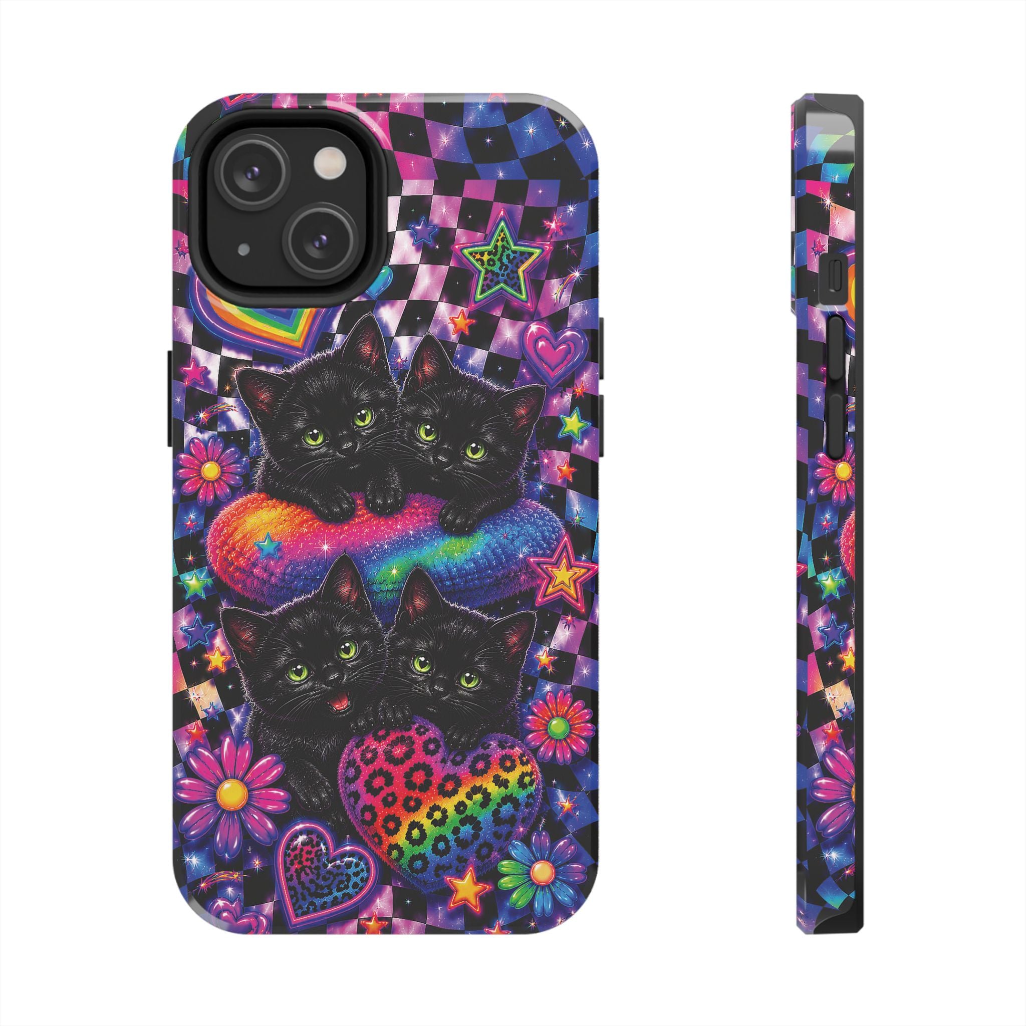 Cute 90's Retro Black Cats Phone Case | Neon Flowers, Checkerboard Design Iphone Samsung Phone Case