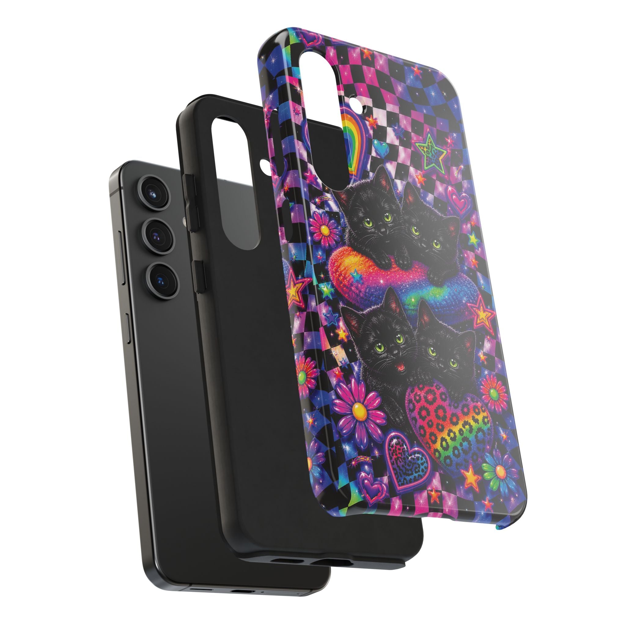 Cute 90's Retro Black Cats Phone Case | Neon Flowers, Checkerboard Design Iphone Samsung Phone Case