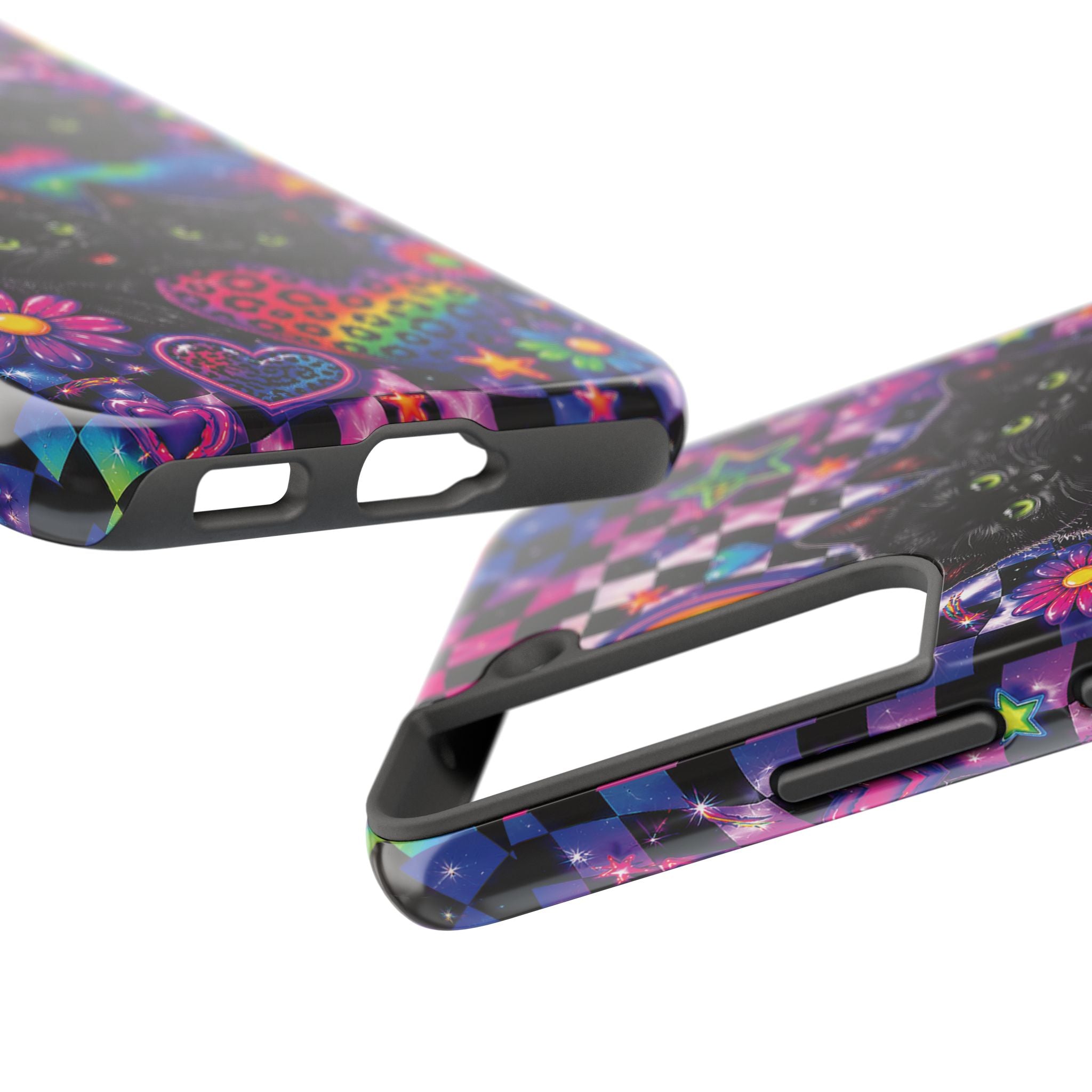 Cute 90's Retro Black Cats Phone Case | Neon Flowers, Checkerboard Design Iphone Samsung Phone Case