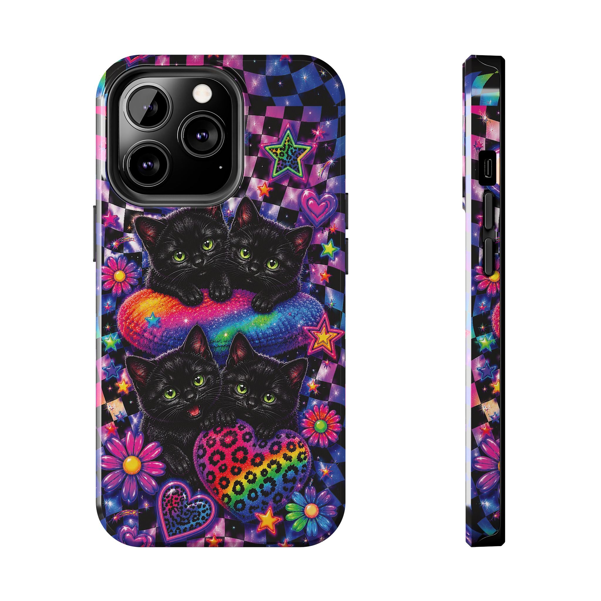 Cute 90's Retro Black Cats Phone Case | Neon Flowers, Checkerboard Design Iphone Samsung Phone Case