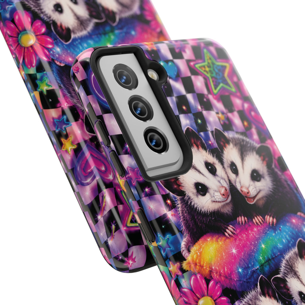 Cute 90's Retro Opossums Phone Case | Neon Flowers, Checkerboard Design Iphone Samsung Phone Case