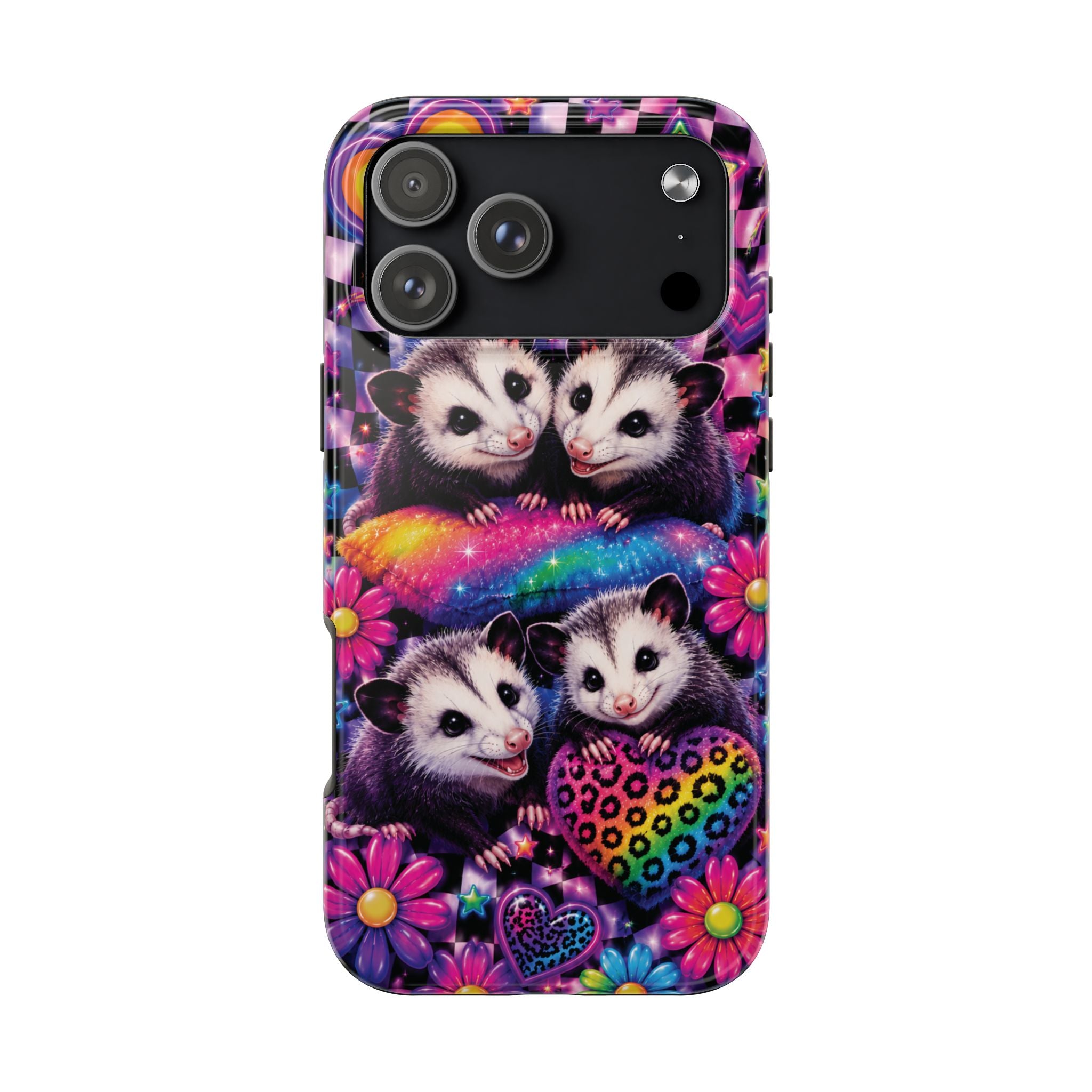 Cute 90's Retro Opossums Phone Case | Neon Flowers, Checkerboard Design Iphone Samsung Phone Case