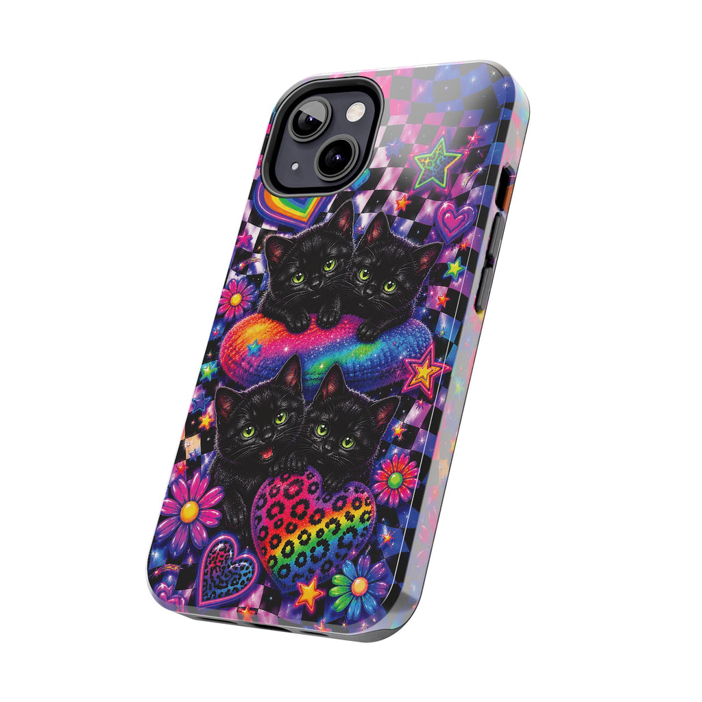 Cute 90's Retro Black Cats Phone Case | Neon Flowers, Checkerboard Design Iphone Samsung Phone Case