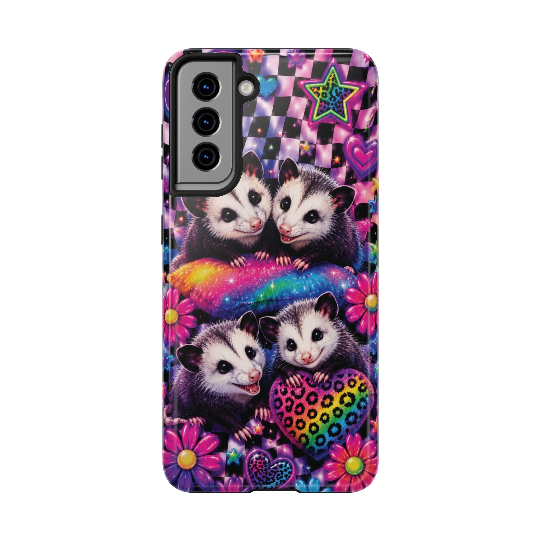 Cute 90's Retro Opossums Phone Case | Neon Flowers, Checkerboard Design Iphone Samsung Phone Case