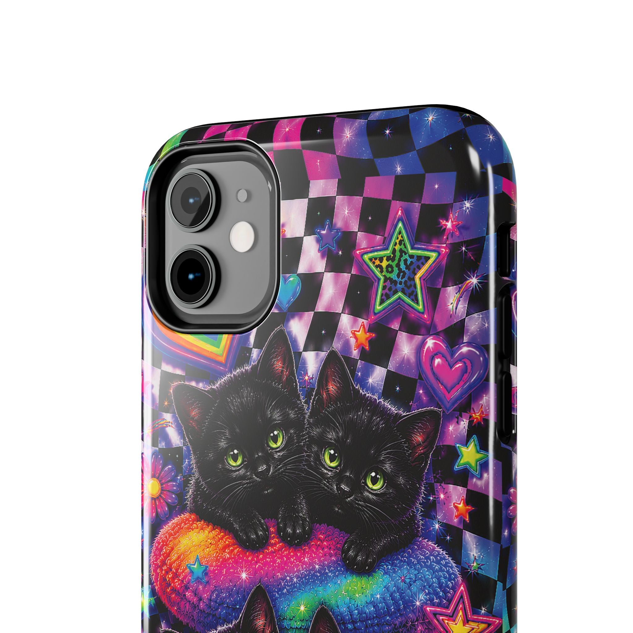 Cute 90's Retro Black Cats Phone Case | Neon Flowers, Checkerboard Design Iphone Samsung Phone Case