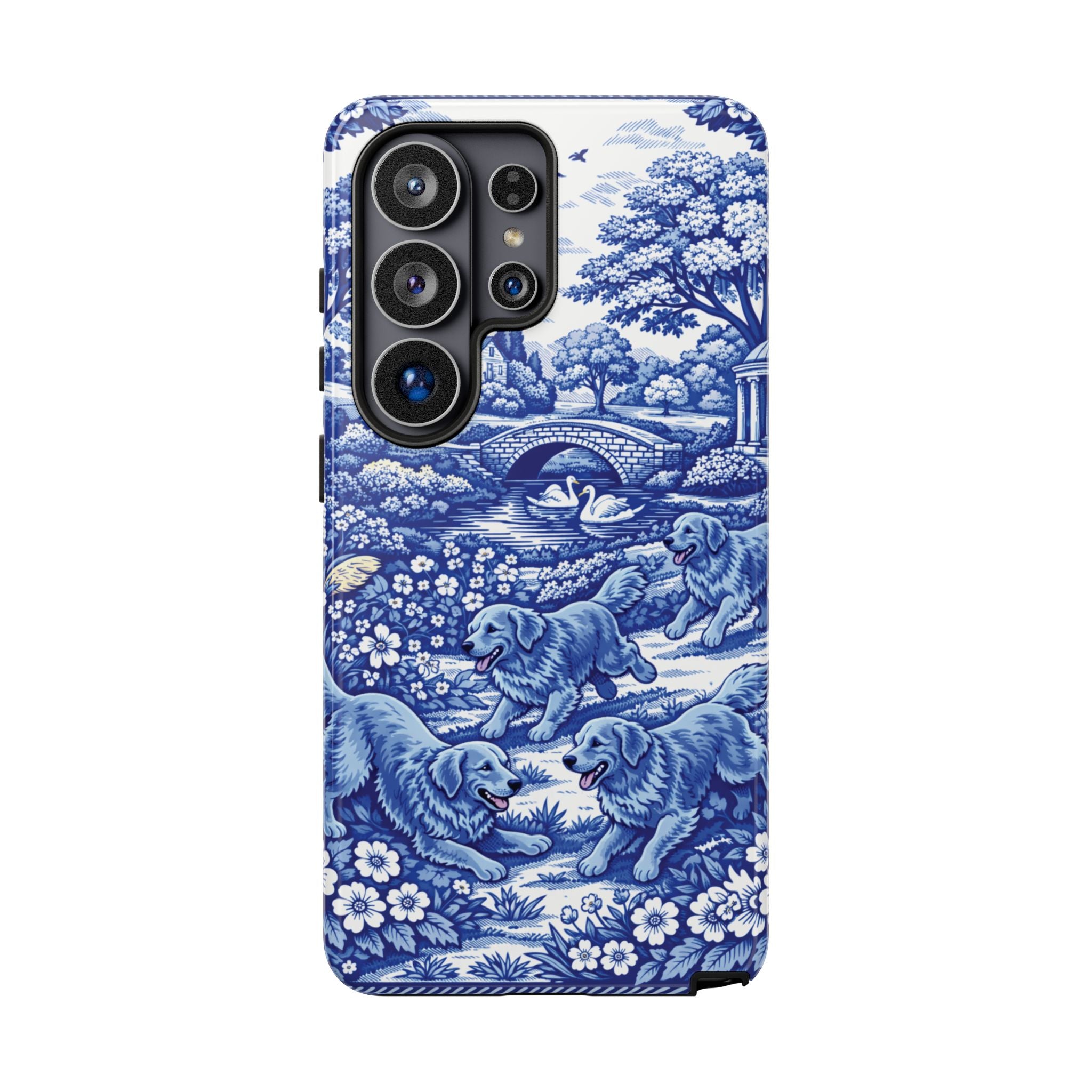 Golden Retriever Tough Phone Case, Chinoiserie Blue Dog Pattern, French Toile Aesthetic