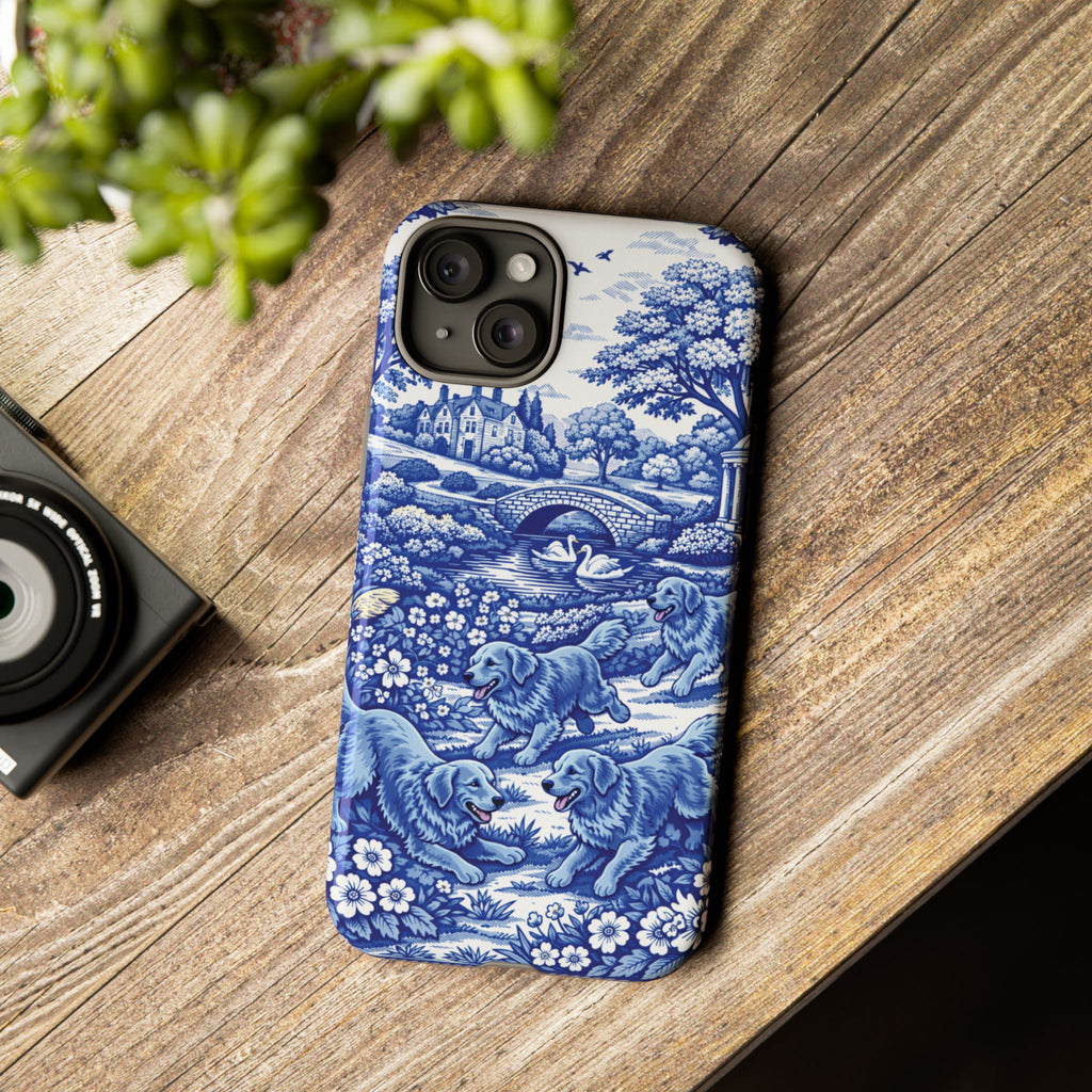 Golden Retriever Tough Phone Case, Chinoiserie Blue Dog Pattern, French Toile Aesthetic