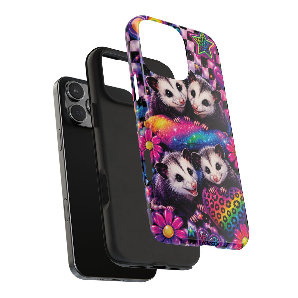Cute 90's Retro Opossums Phone Case | Neon Flowers, Checkerboard Design Iphone Samsung Phone Case