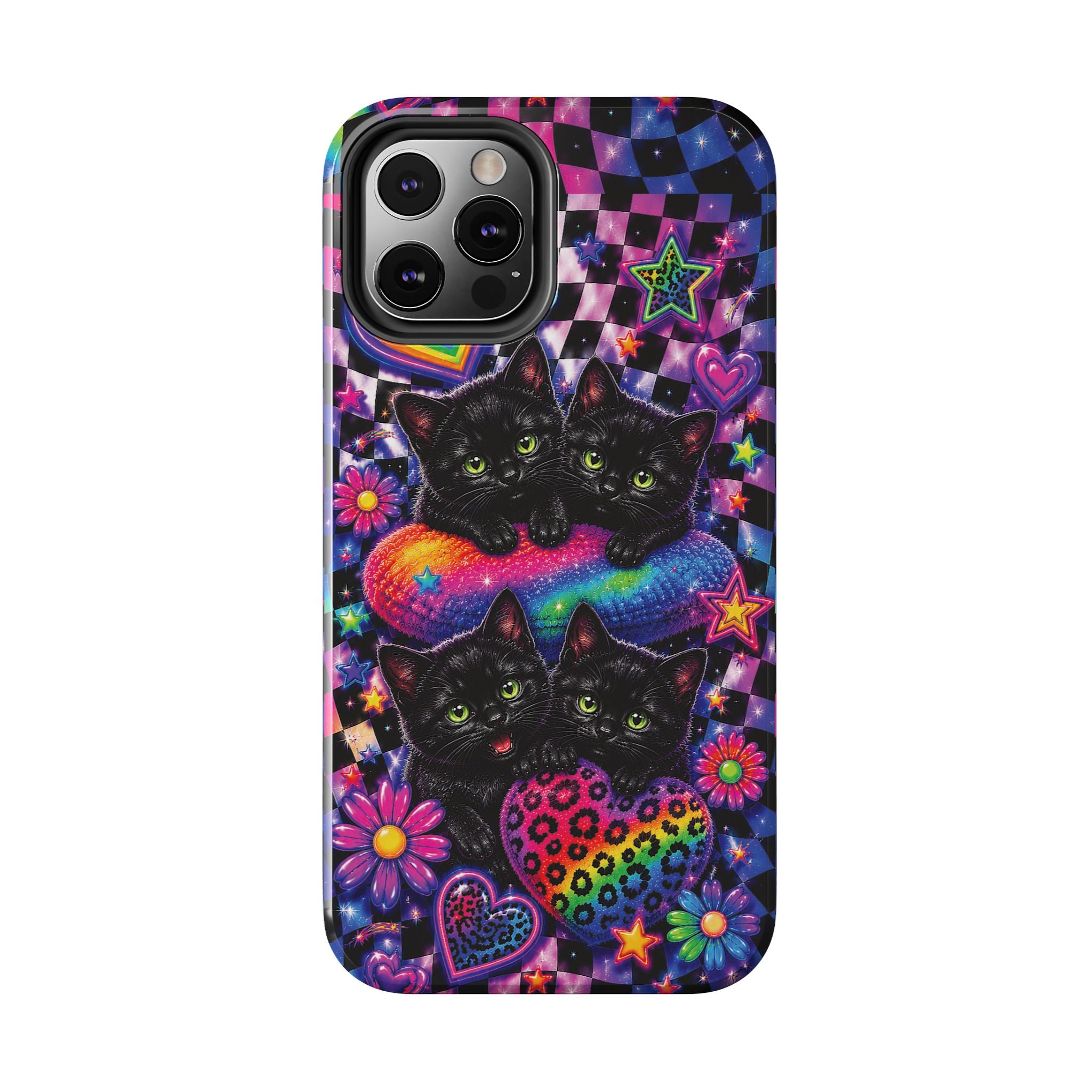 Cute 90's Retro Black Cats Phone Case | Neon Flowers, Checkerboard Design Iphone Samsung Phone Case