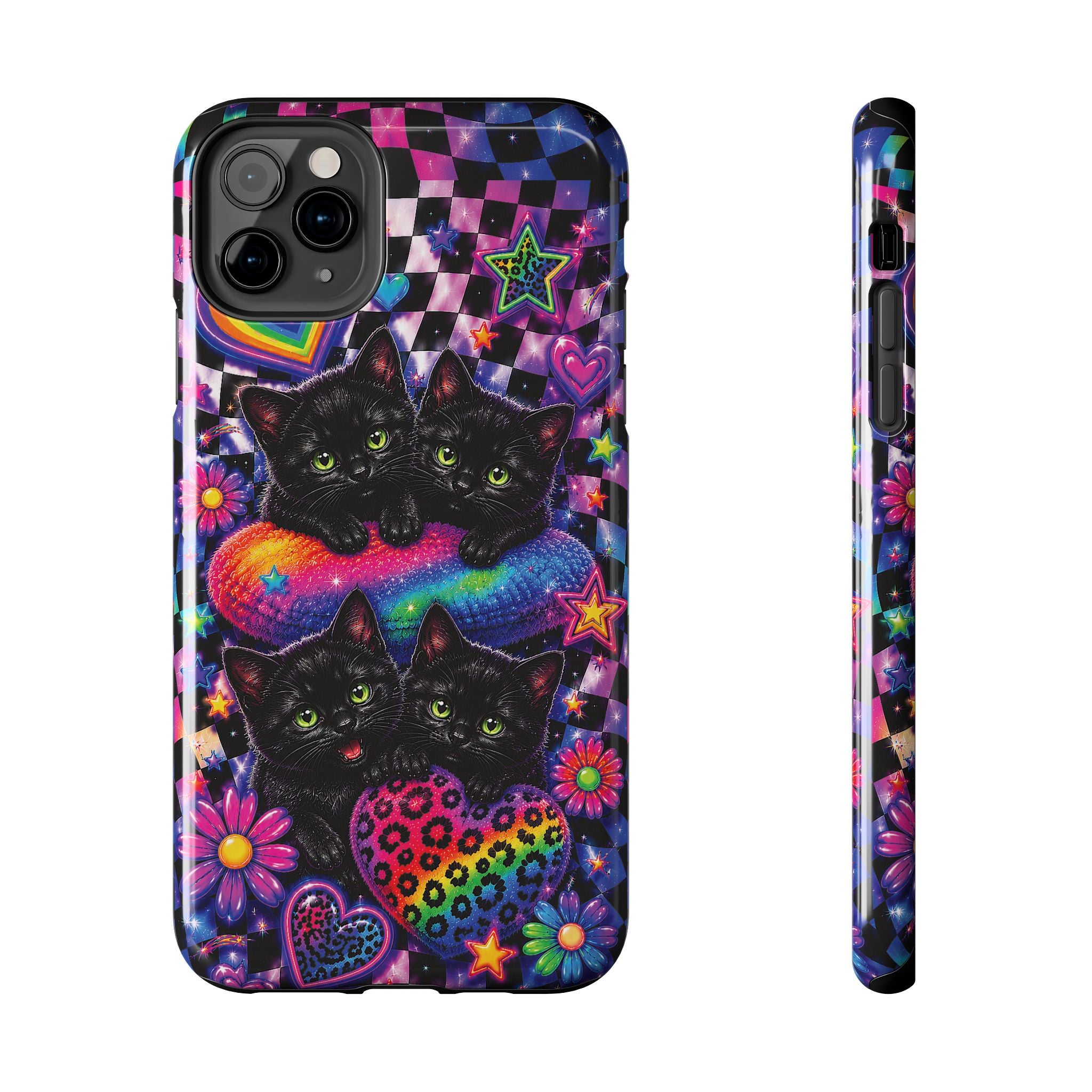 Cute 90's Retro Black Cats Phone Case | Neon Flowers, Checkerboard Design Iphone Samsung Phone Case