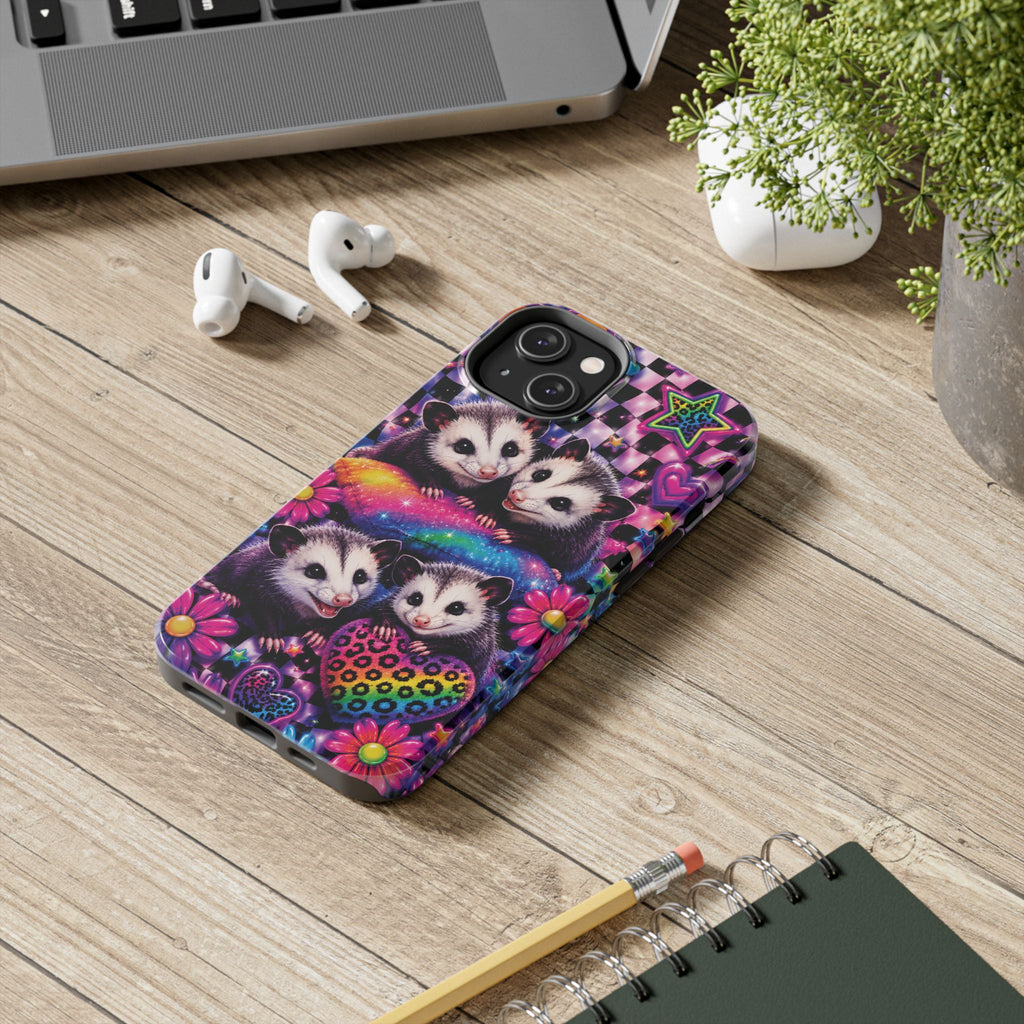 Cute 90's Retro Opossums Phone Case | Neon Flowers, Checkerboard Design Iphone Samsung Phone Case