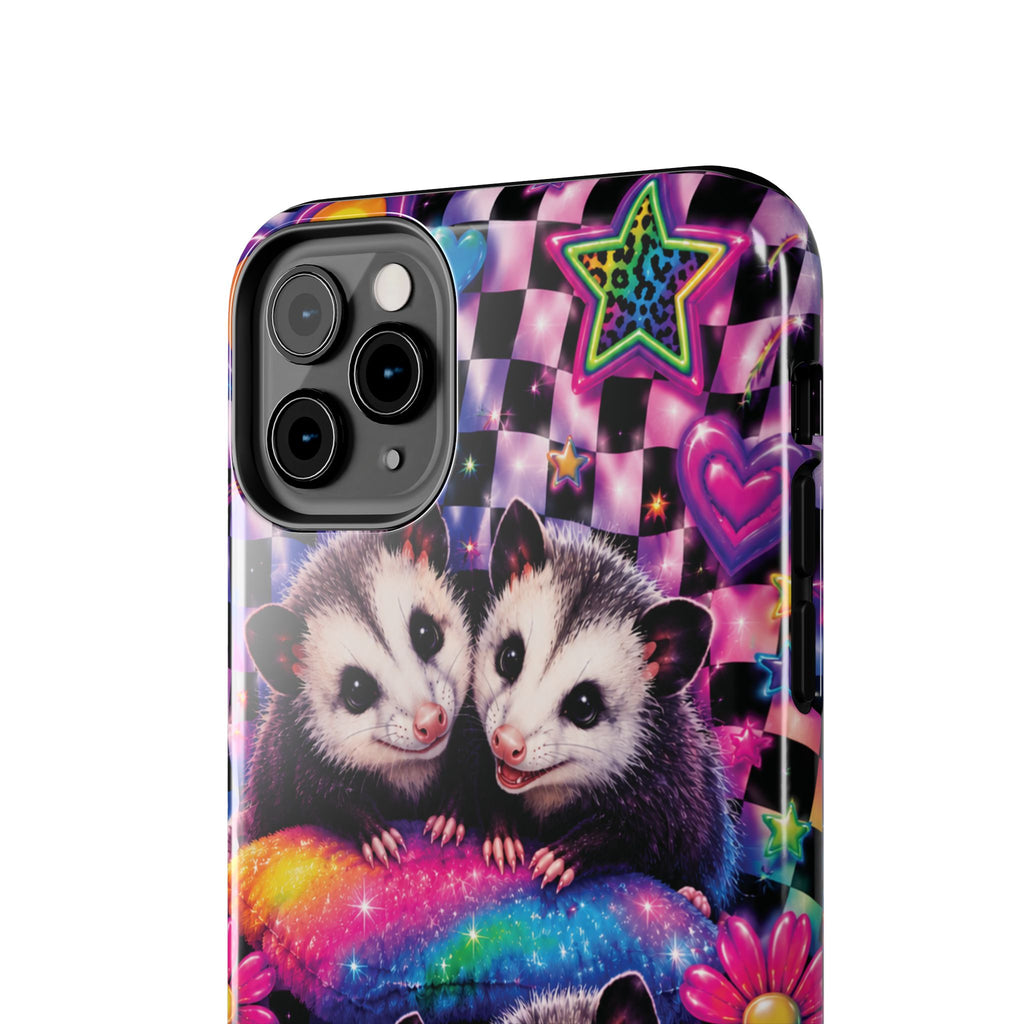 Cute 90's Retro Opossums Phone Case | Neon Flowers, Checkerboard Design Iphone Samsung Phone Case