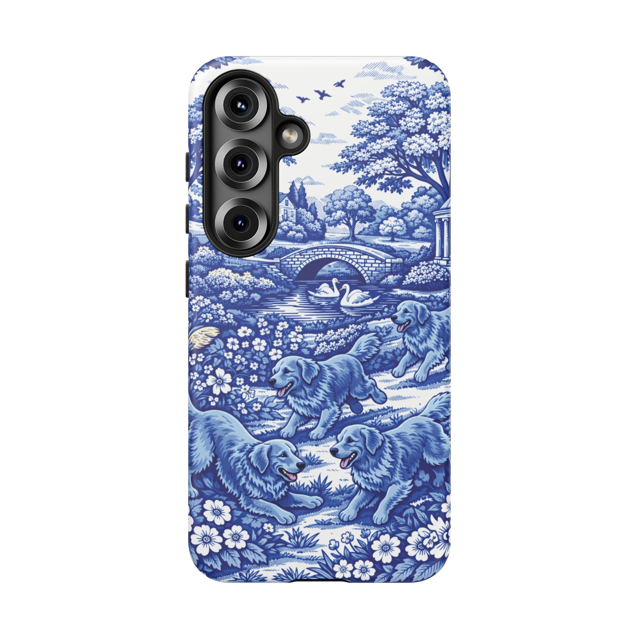 Golden Retriever Tough Phone Case, Chinoiserie Blue Dog Pattern, French Toile Aesthetic