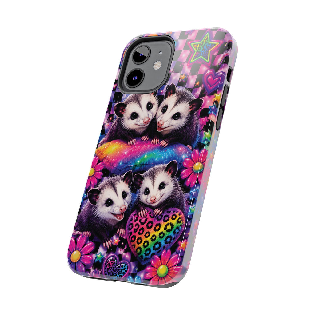 Cute 90's Retro Opossums Phone Case | Neon Flowers, Checkerboard Design Iphone Samsung Phone Case