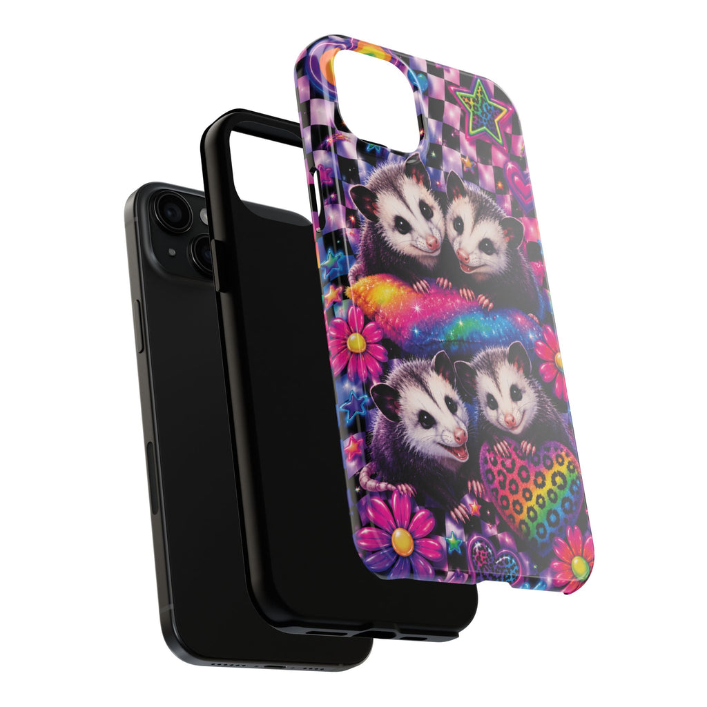 Cute 90's Retro Opossums Phone Case | Neon Flowers, Checkerboard Design Iphone Samsung Phone Case