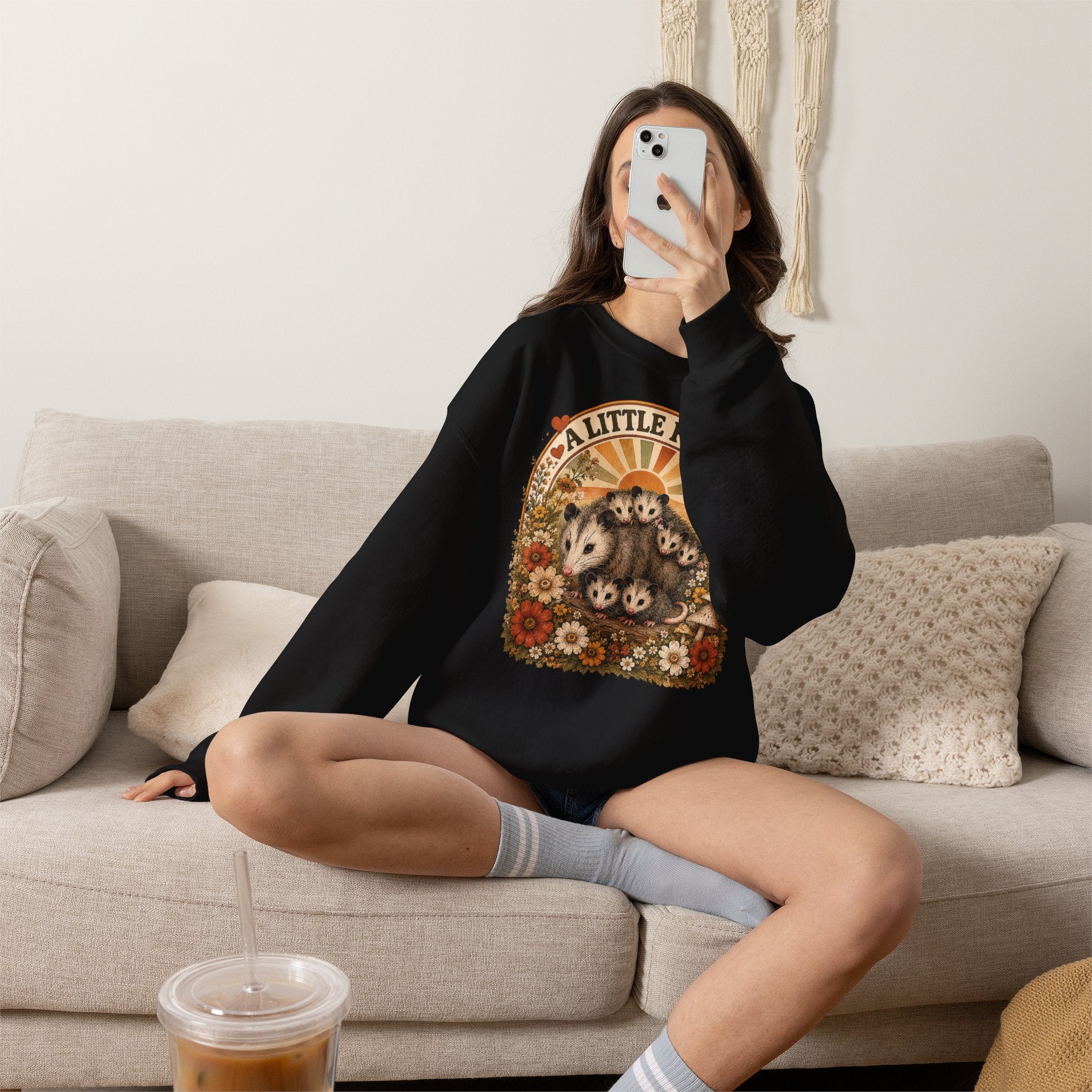 Retro Cute Opossum Sweatshirt | Vintage Floral Design, 1970's Style Sweatshirt Graphic