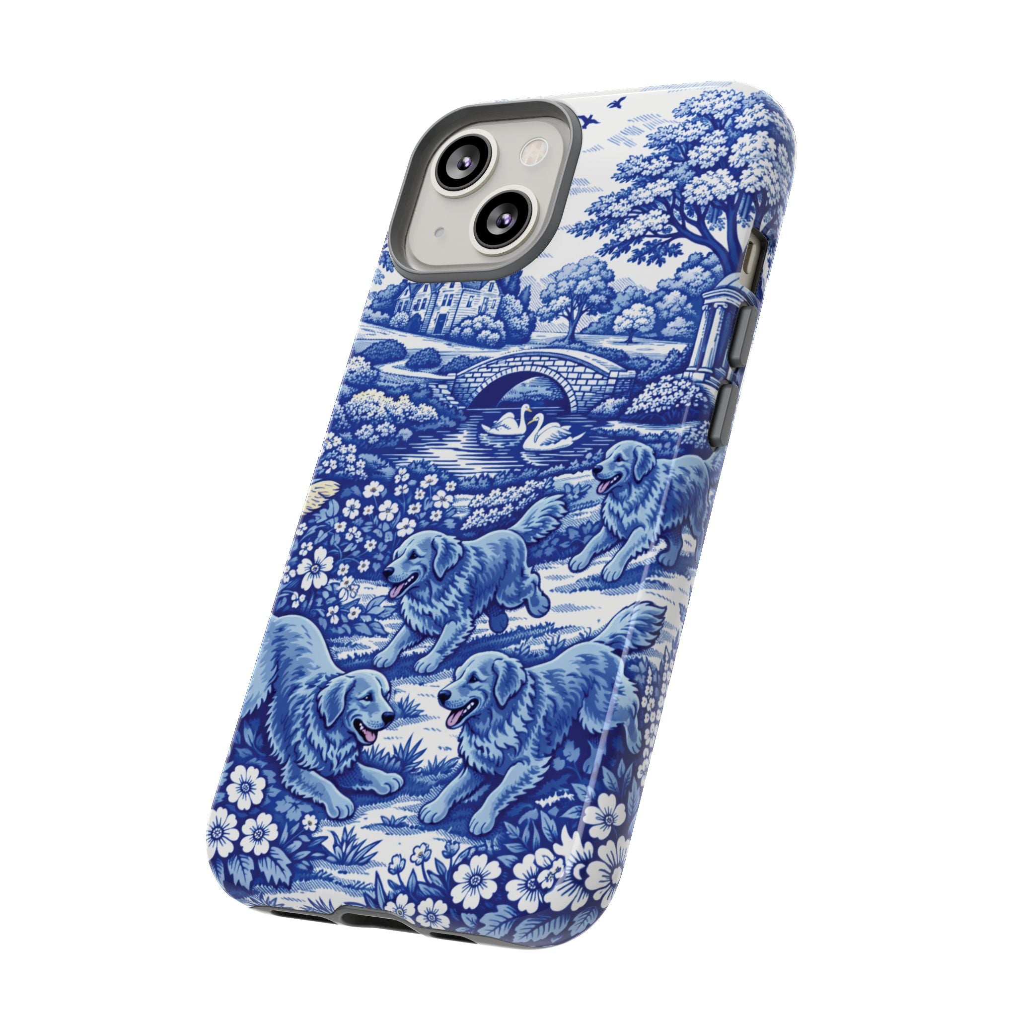 Golden Retriever Tough Phone Case, Chinoiserie Blue Dog Pattern, French Toile Aesthetic