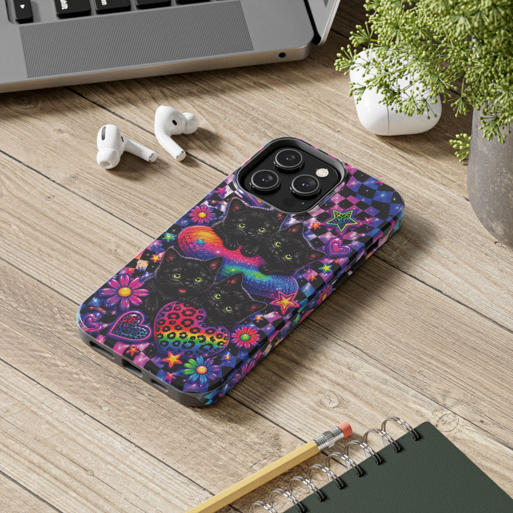 Cute 90's Retro Black Cats Phone Case | Neon Flowers, Checkerboard Design Iphone Samsung Phone Case