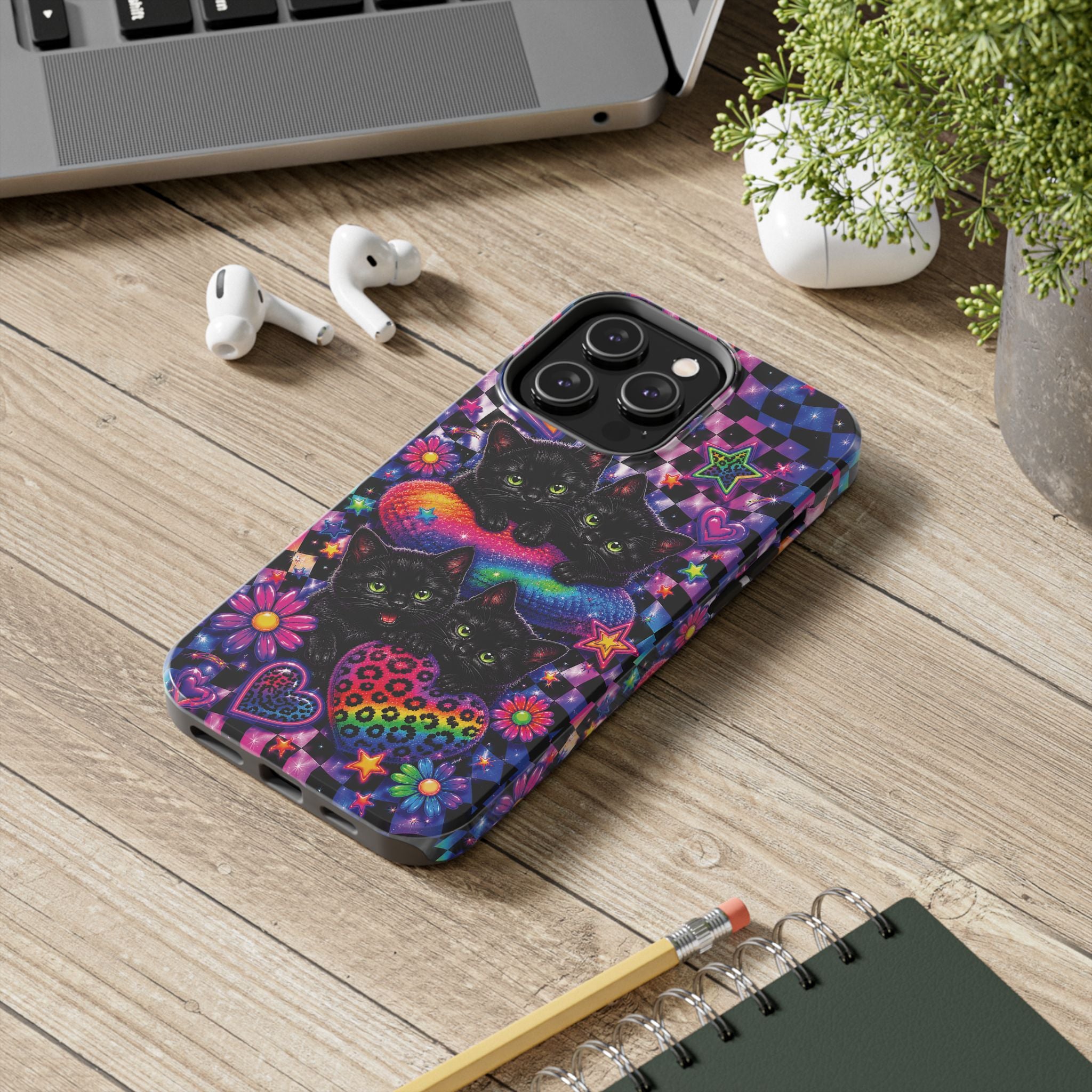 Cute 90's Retro Black Cats Phone Case | Neon Flowers, Checkerboard Design Iphone Samsung Phone Case