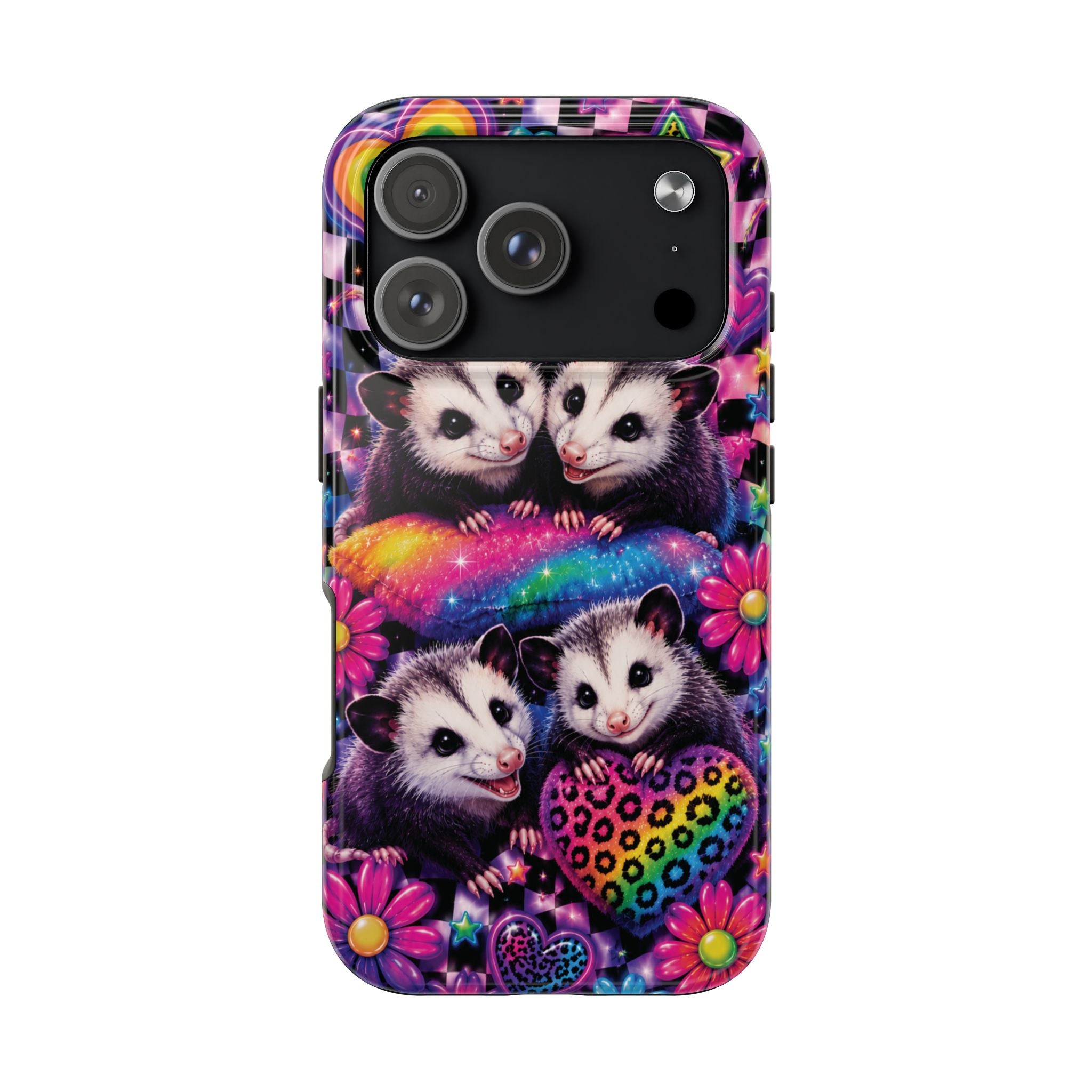 Cute 90's Retro Opossums Phone Case | Neon Flowers, Checkerboard Design Iphone Samsung Phone Case
