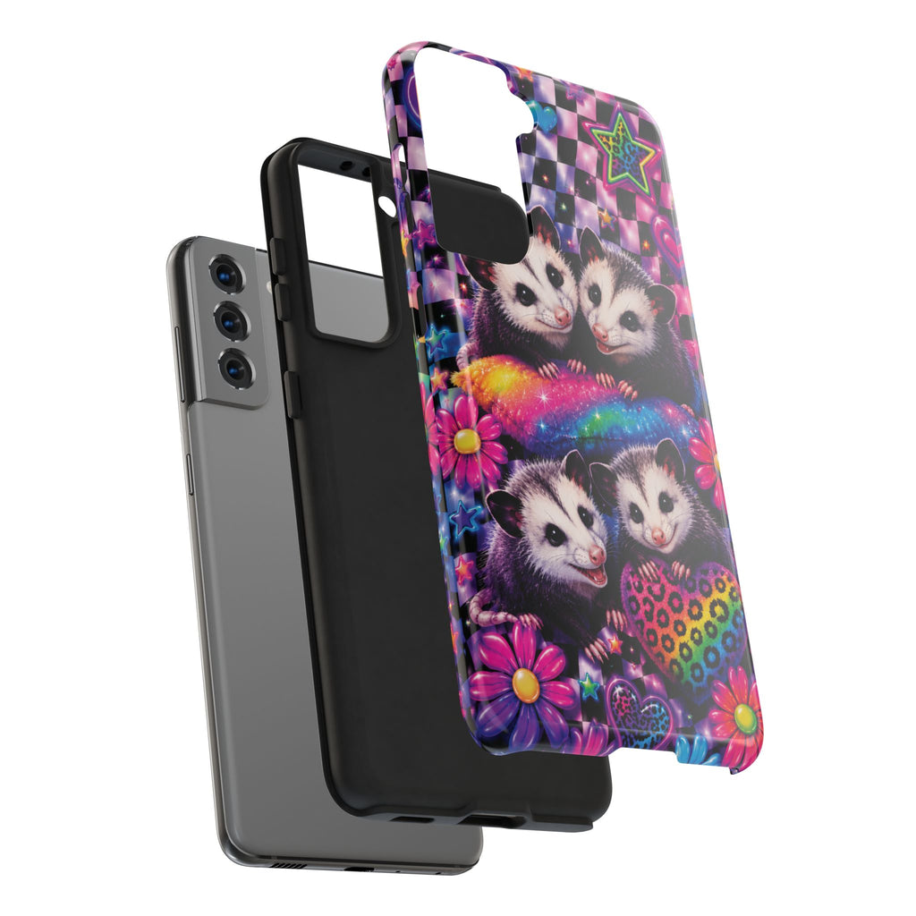 Cute 90's Retro Opossums Phone Case | Neon Flowers, Checkerboard Design Iphone Samsung Phone Case