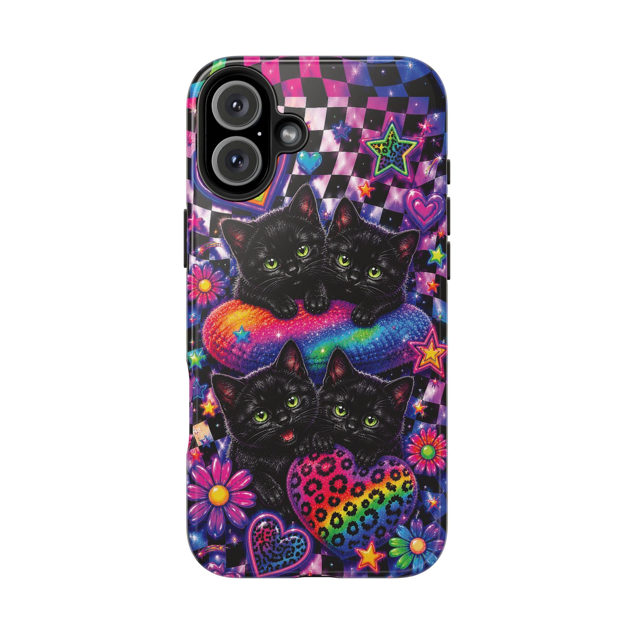 Cute 90's Retro Black Cats Phone Case | Neon Flowers, Checkerboard Design Iphone Samsung Phone Case