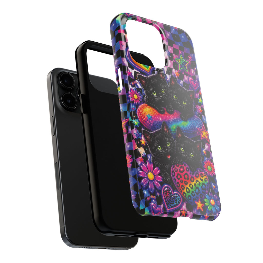 Cute 90's Retro Black Cats Phone Case | Neon Flowers, Checkerboard Design Iphone Samsung Phone Case