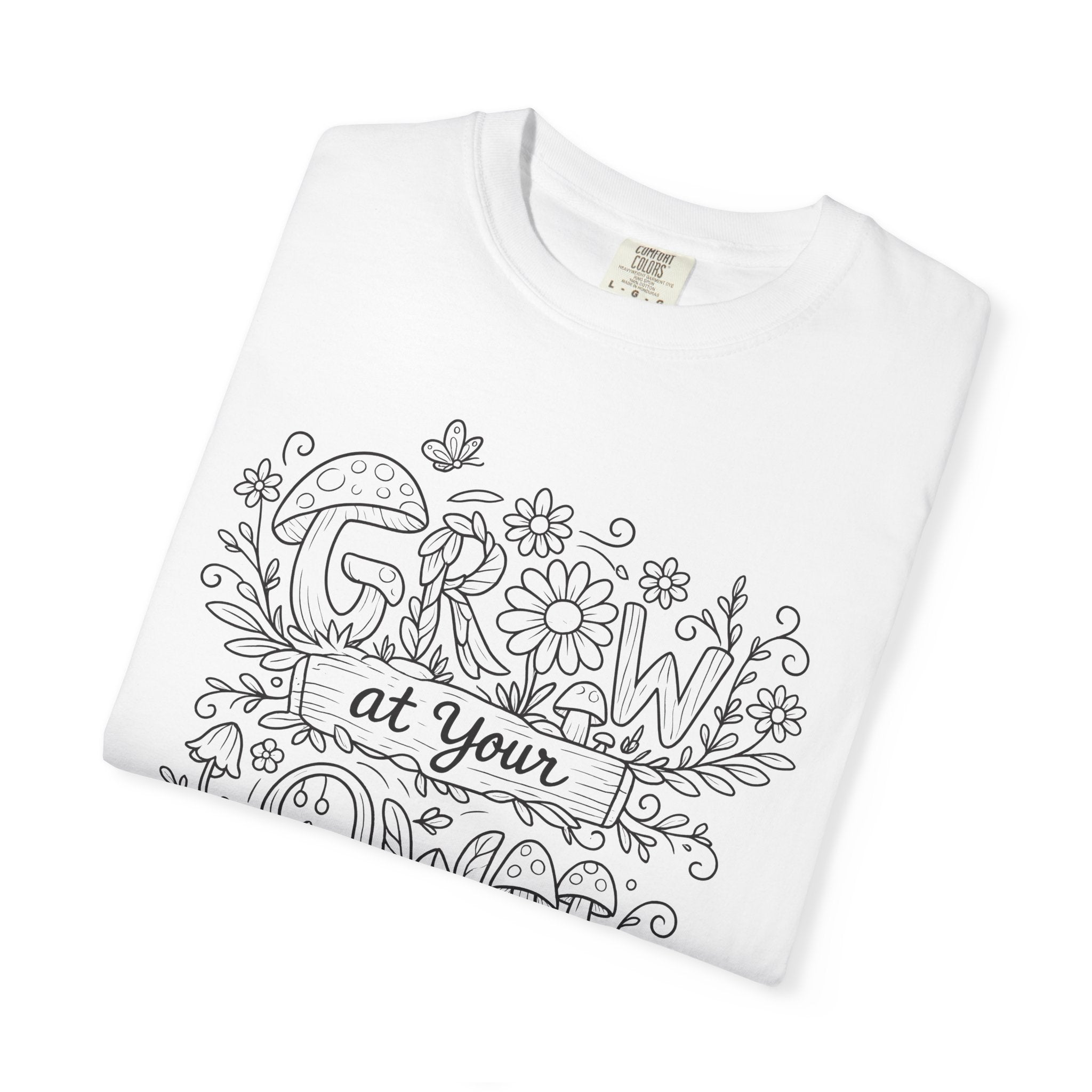 Grow at Your Own Pace Shirt, Comfort Colors Tee, Wildflower Mushroom Doodle Design, Minimalist Botanical Tee | Cottagecore Nature Graphic