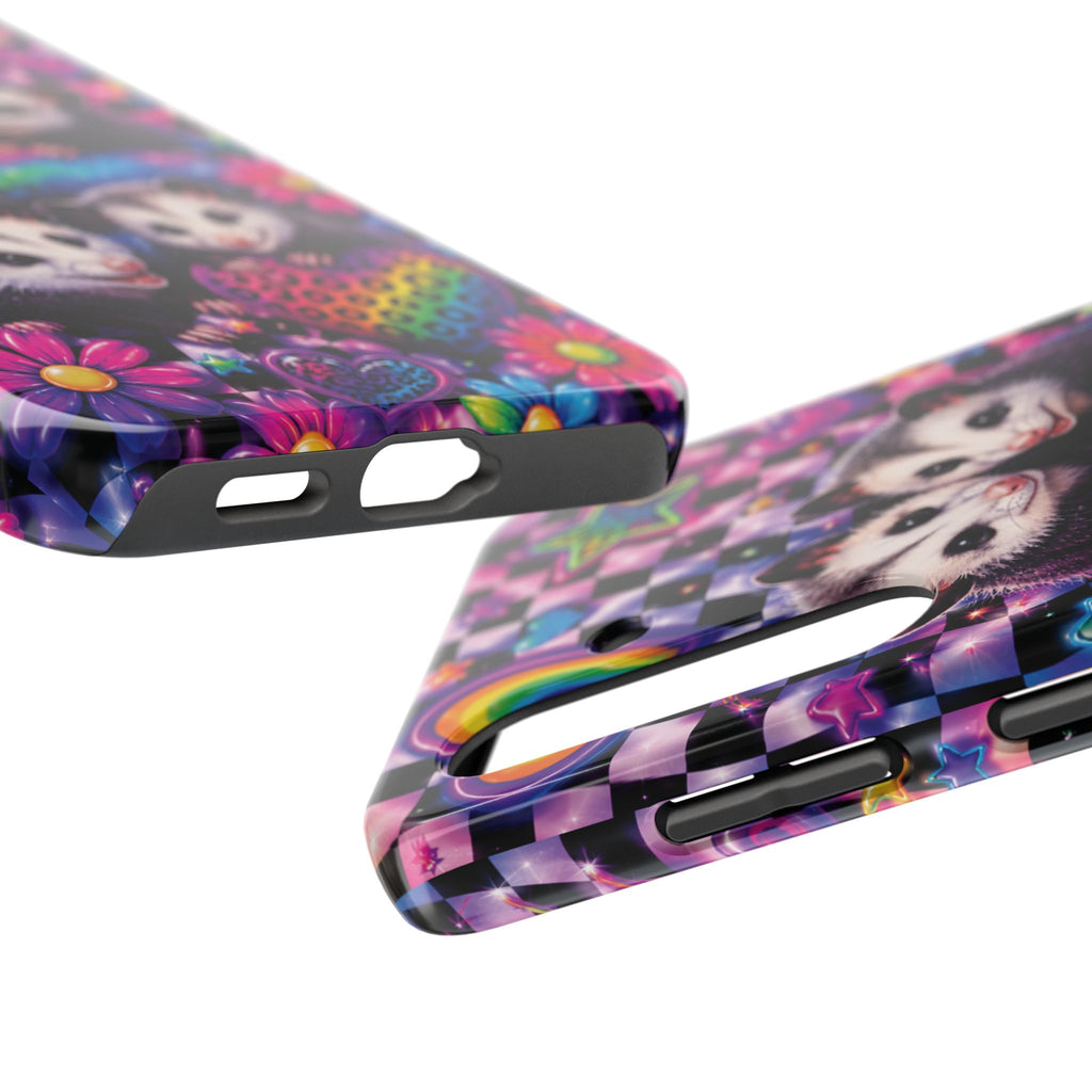 Cute 90's Retro Opossums Phone Case | Neon Flowers, Checkerboard Design Iphone Samsung Phone Case