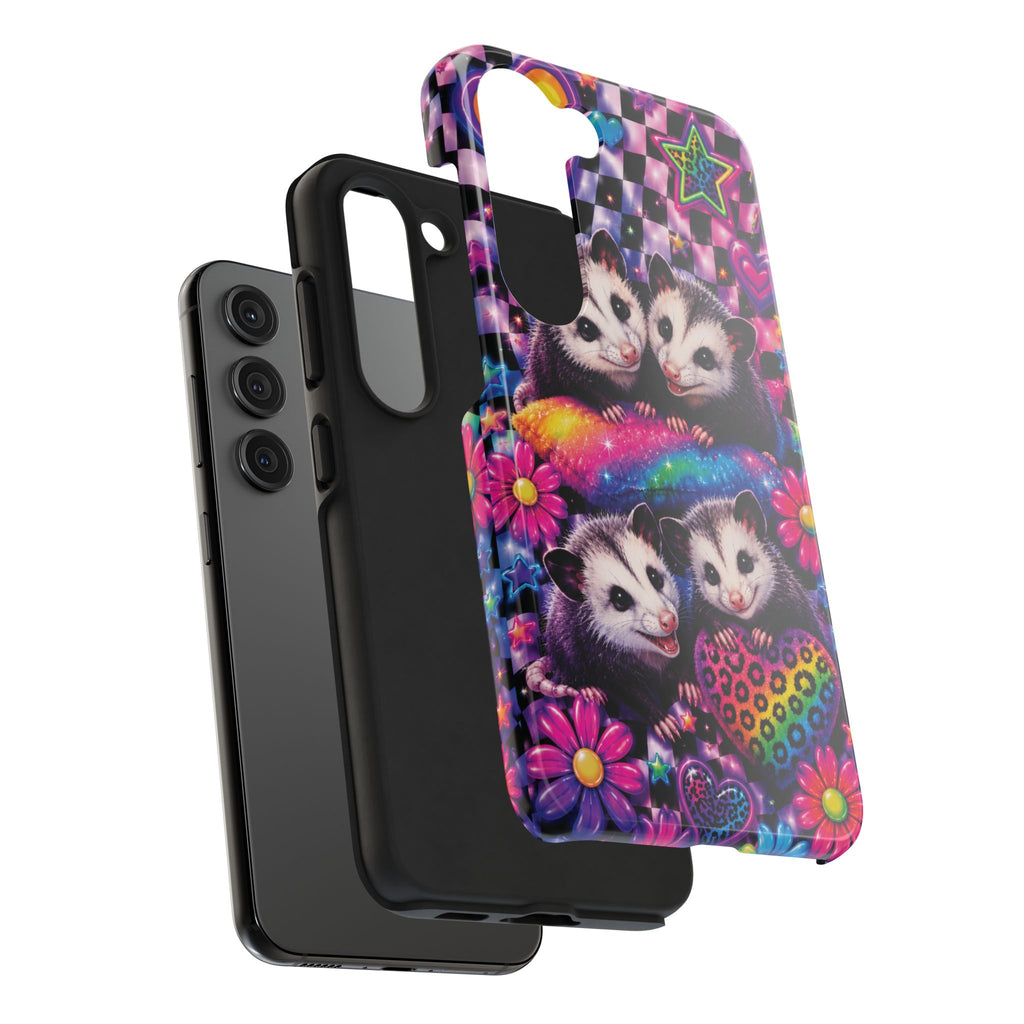 Cute 90's Retro Opossums Phone Case | Neon Flowers, Checkerboard Design Iphone Samsung Phone Case