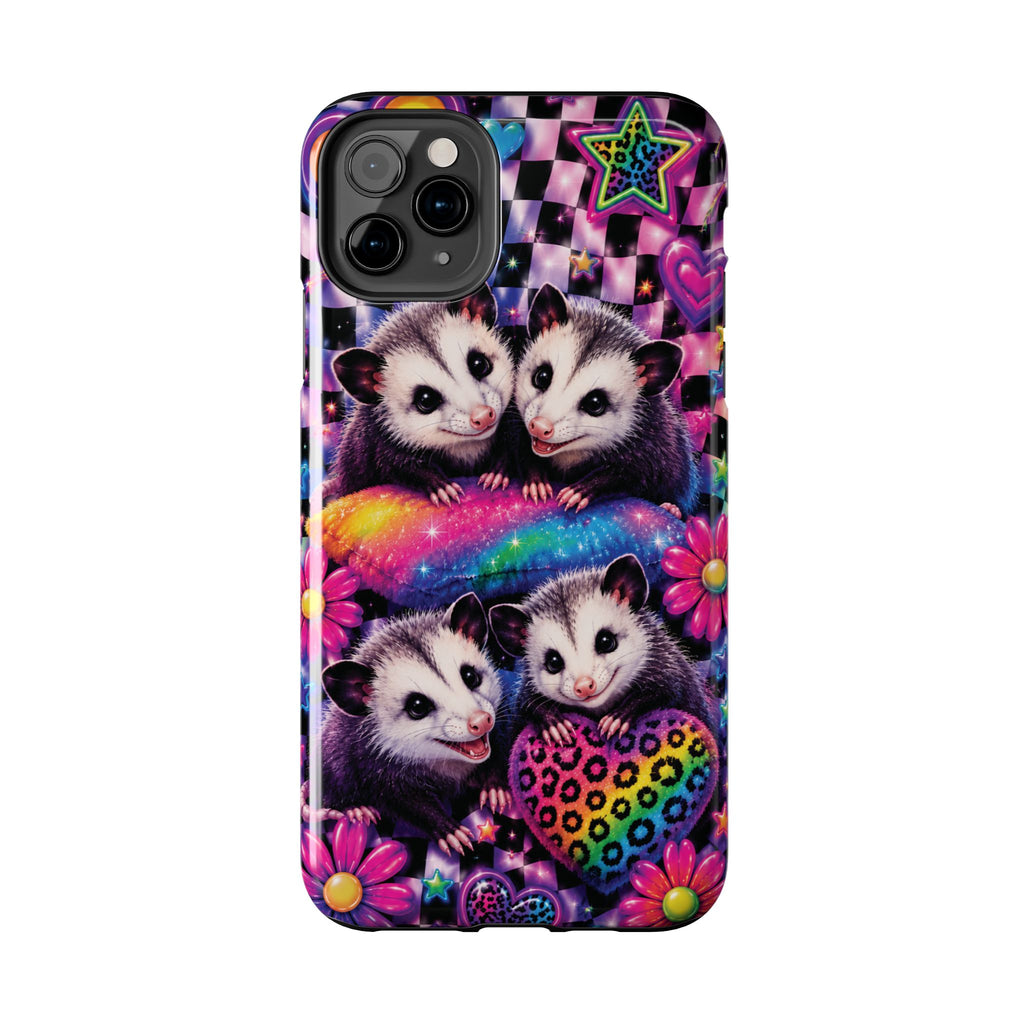 Cute 90's Retro Opossums Phone Case | Neon Flowers, Checkerboard Design Iphone Samsung Phone Case