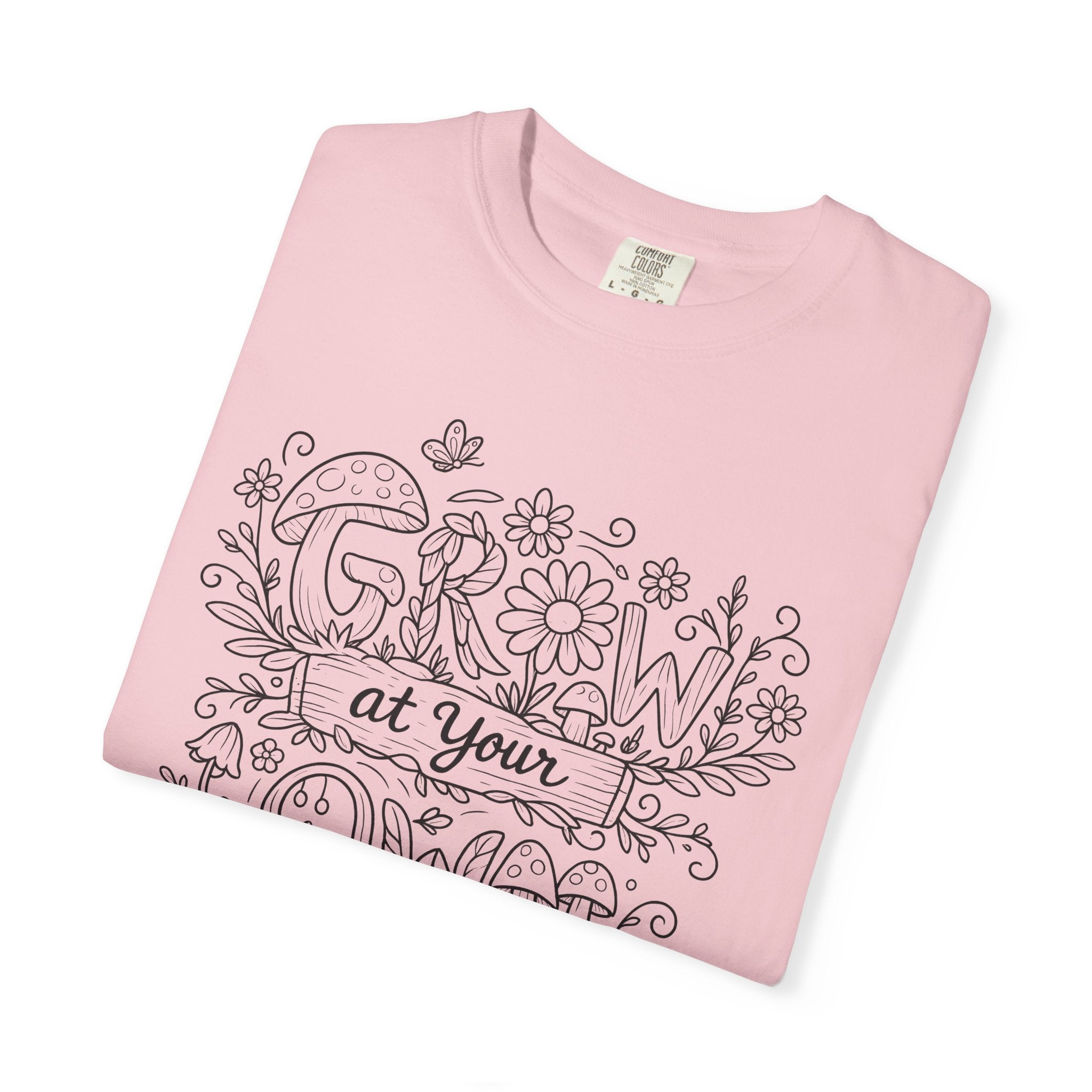Grow at Your Own Pace Shirt, Comfort Colors Tee, Wildflower Mushroom Doodle Design, Minimalist Botanical Tee | Cottagecore Nature Graphic