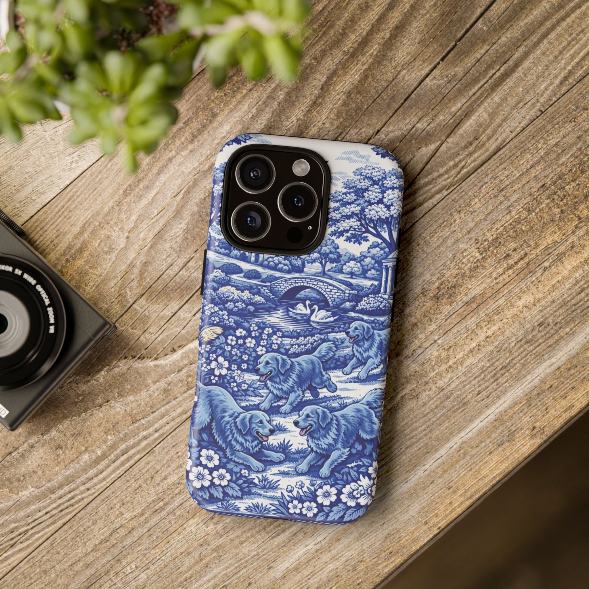 Golden Retriever Tough Phone Case, Chinoiserie Blue Dog Pattern, French Toile Aesthetic