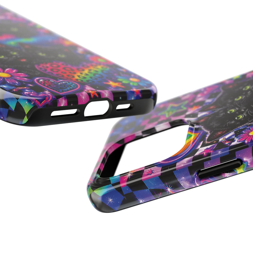 Cute 90's Retro Black Cats Phone Case | Neon Flowers, Checkerboard Design Iphone Samsung Phone Case