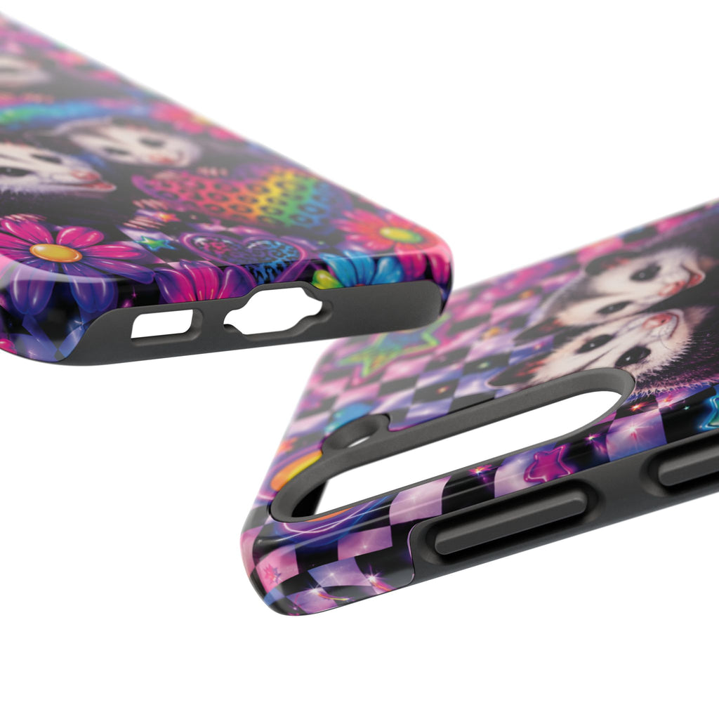 Cute 90's Retro Opossums Phone Case | Neon Flowers, Checkerboard Design Iphone Samsung Phone Case