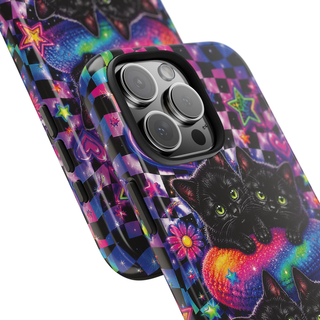 Cute 90's Retro Black Cats Phone Case | Neon Flowers, Checkerboard Design Iphone Samsung Phone Case